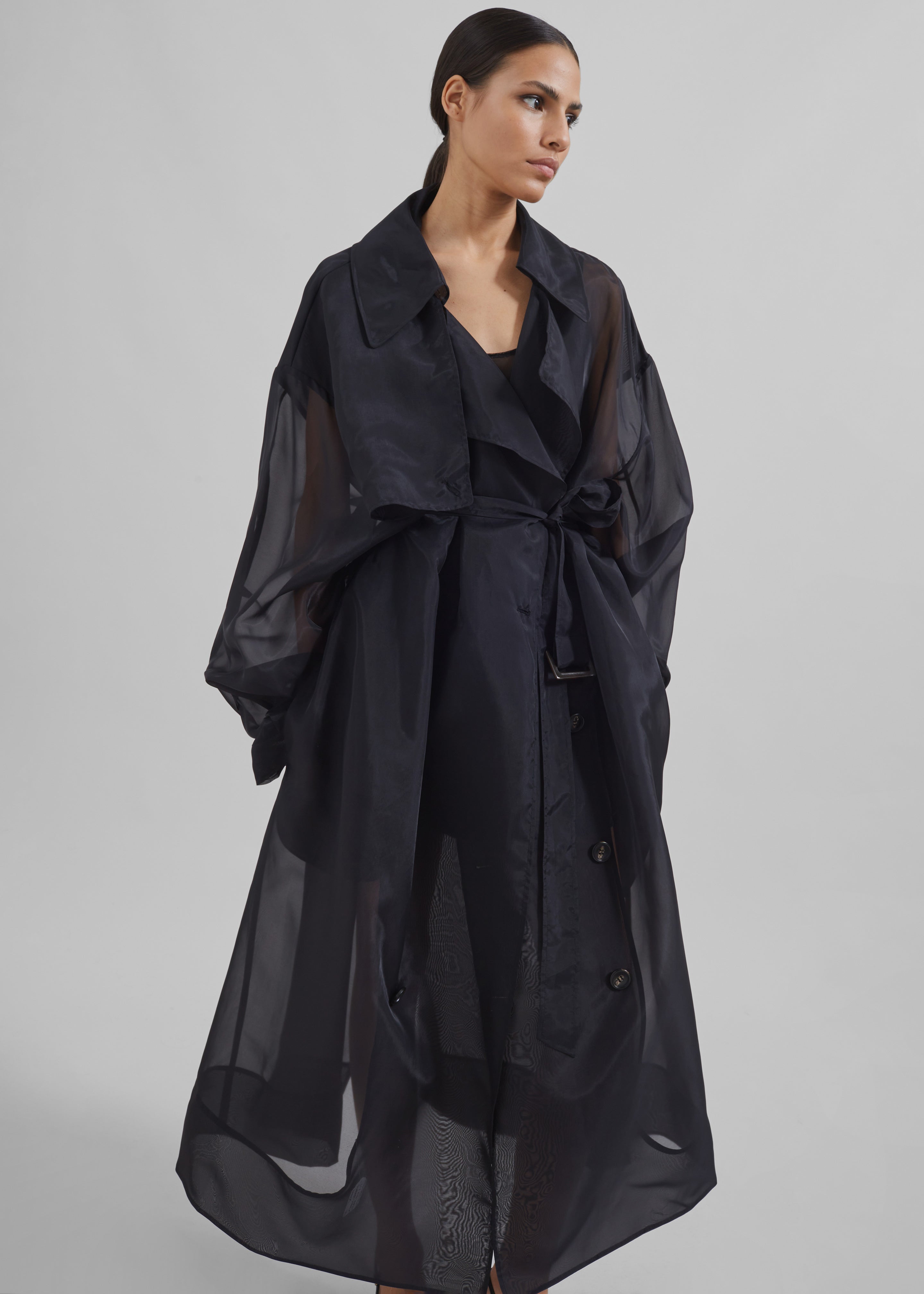 Anika Sheer Silk Trench Coat - Black - 7