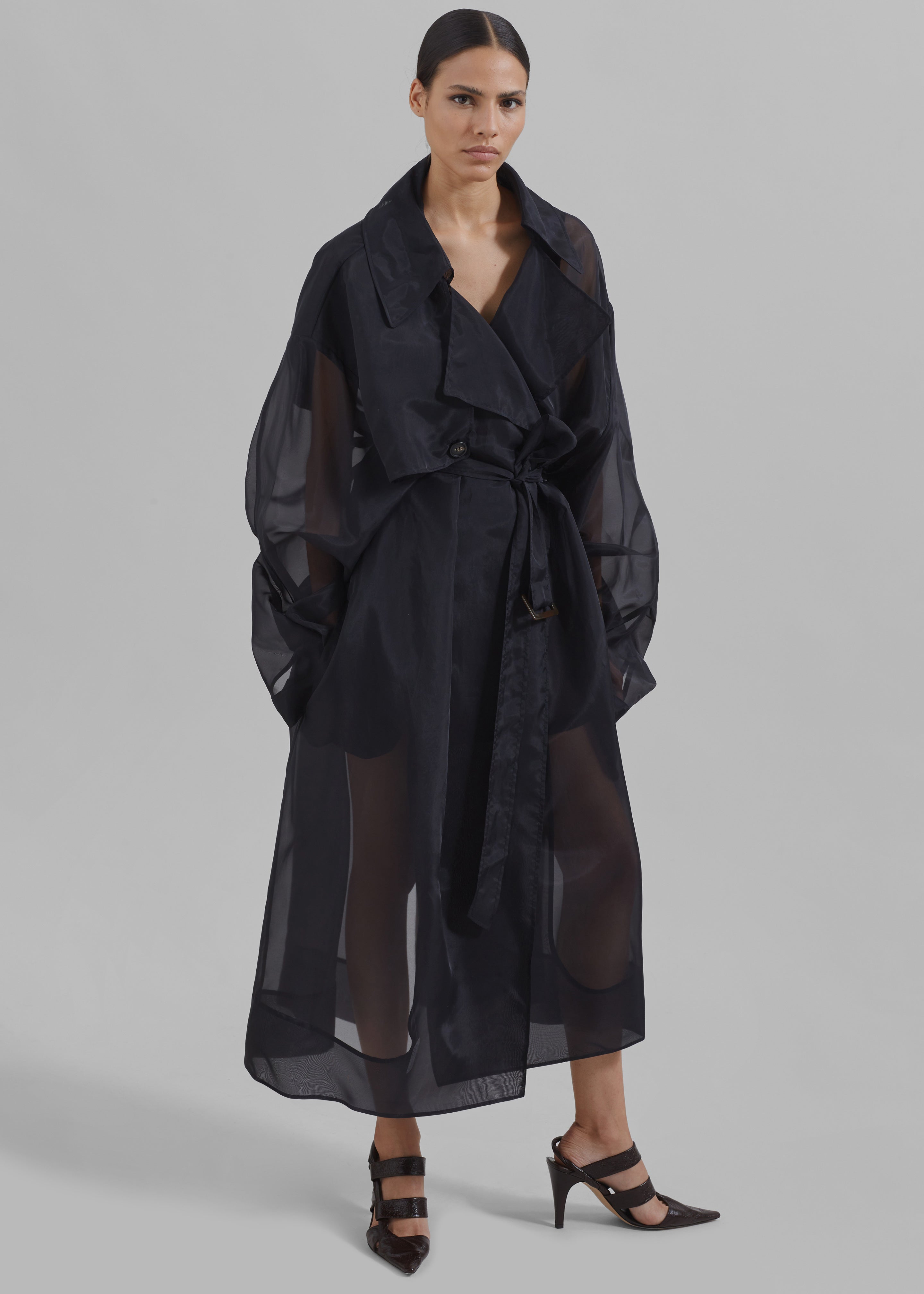 Anika Sheer Silk Trench Coat - Black - 3