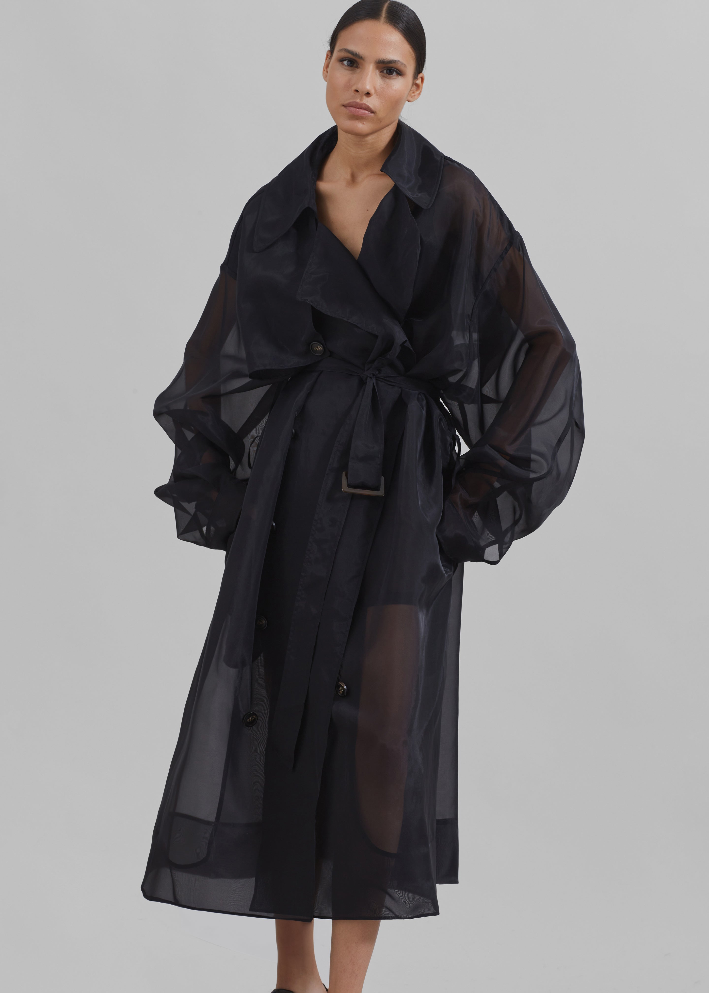 Anika Sheer Silk Trench Coat - Black - 1