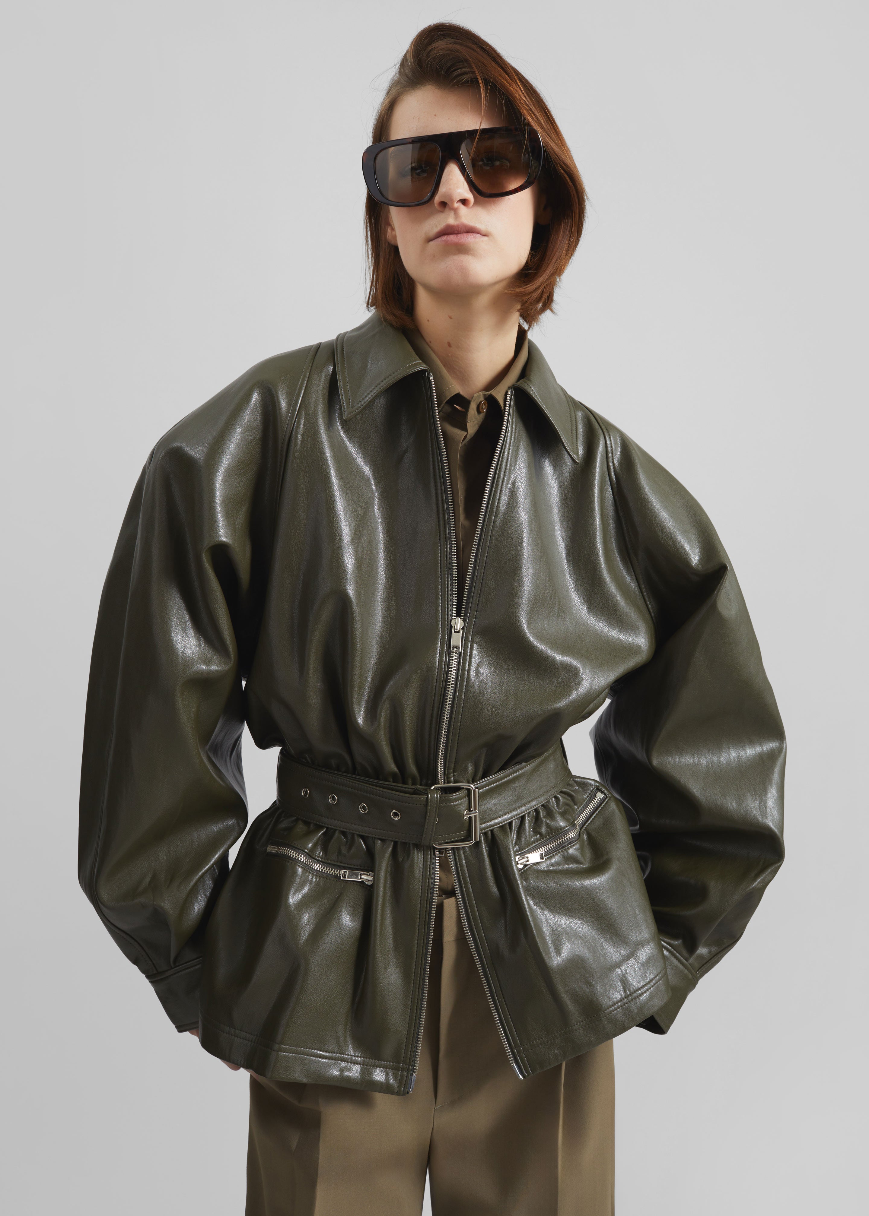 Annette Faux Leather Peplum Jacket - Olive – The Frankie Shop