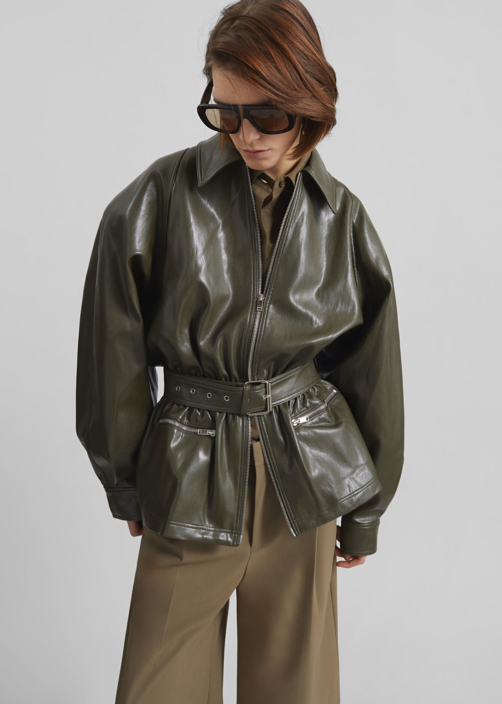 Annette Faux Leather Peplum Jacket - Olive