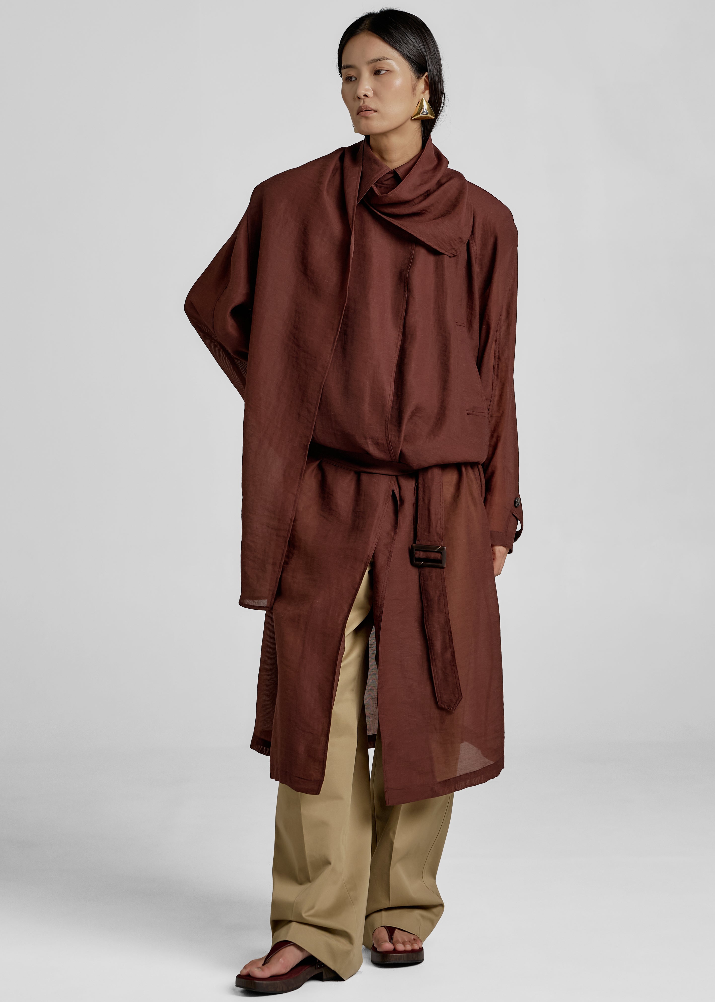 Ansel Sheer Scarf Collar Trench - Brown - 6