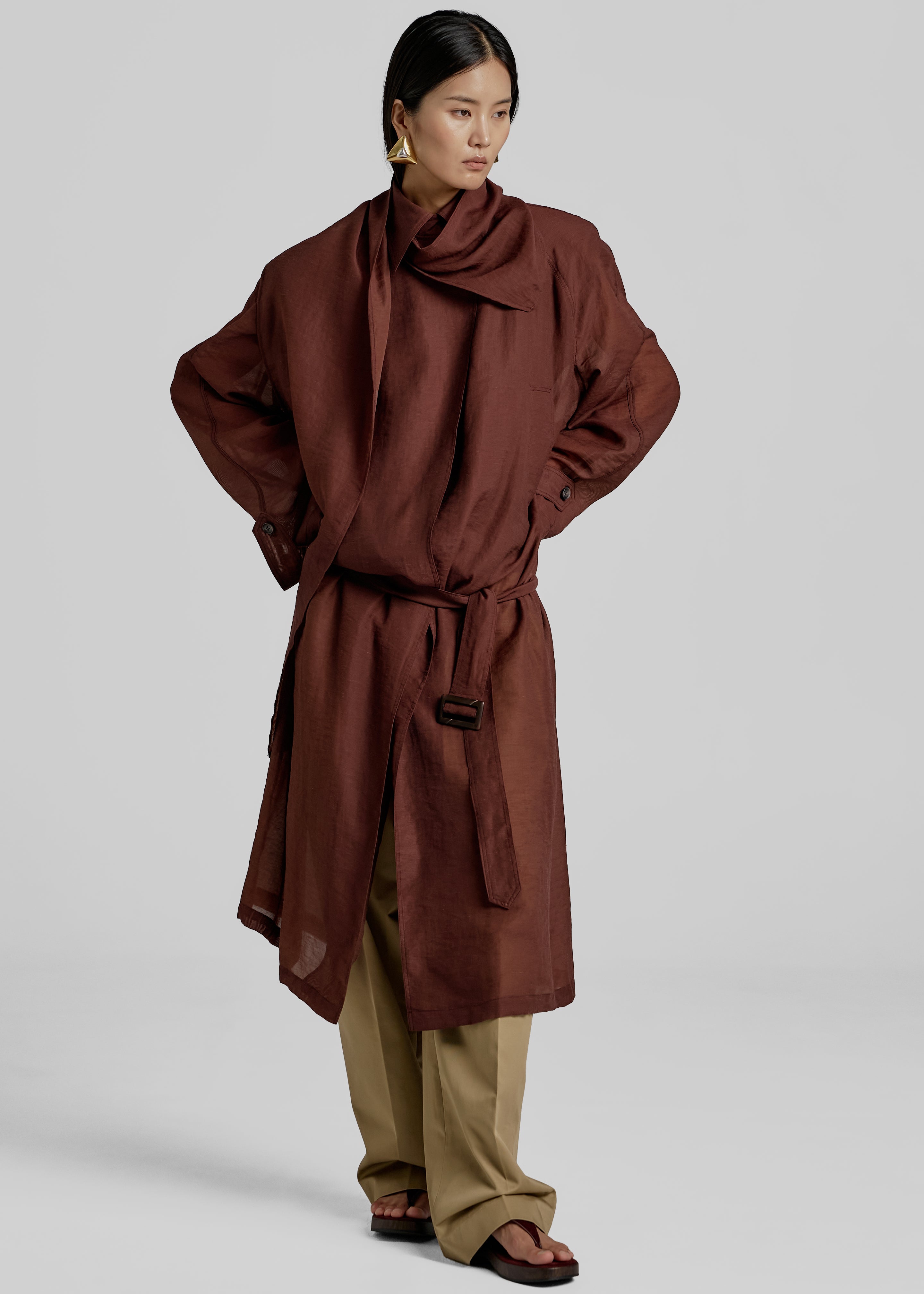 Ansel Sheer Scarf Collar Trench - Brown - 10