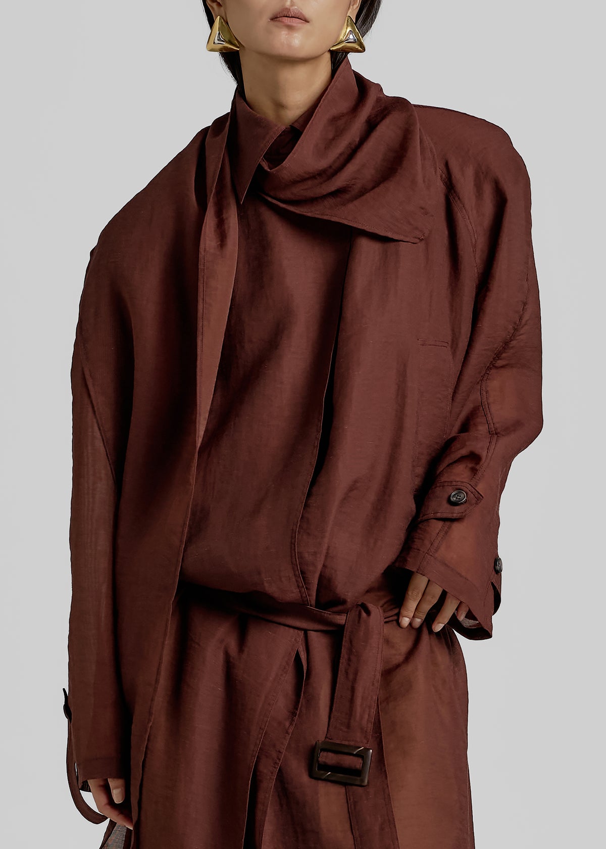 Ansel Sheer Scarf Collar Trench - Brown - 11