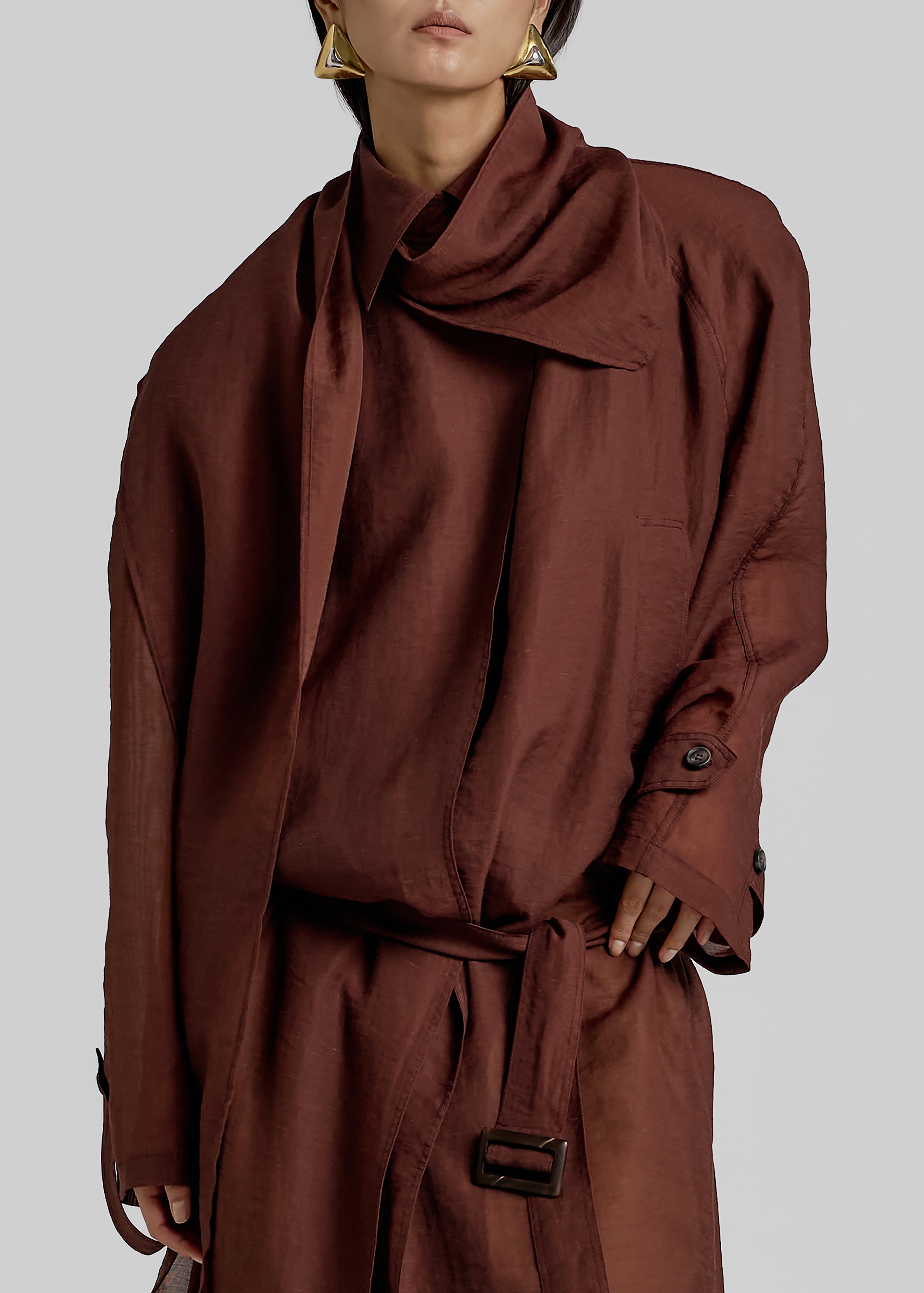 Ansel Sheer Scarf Collar Trench - Brown - 11