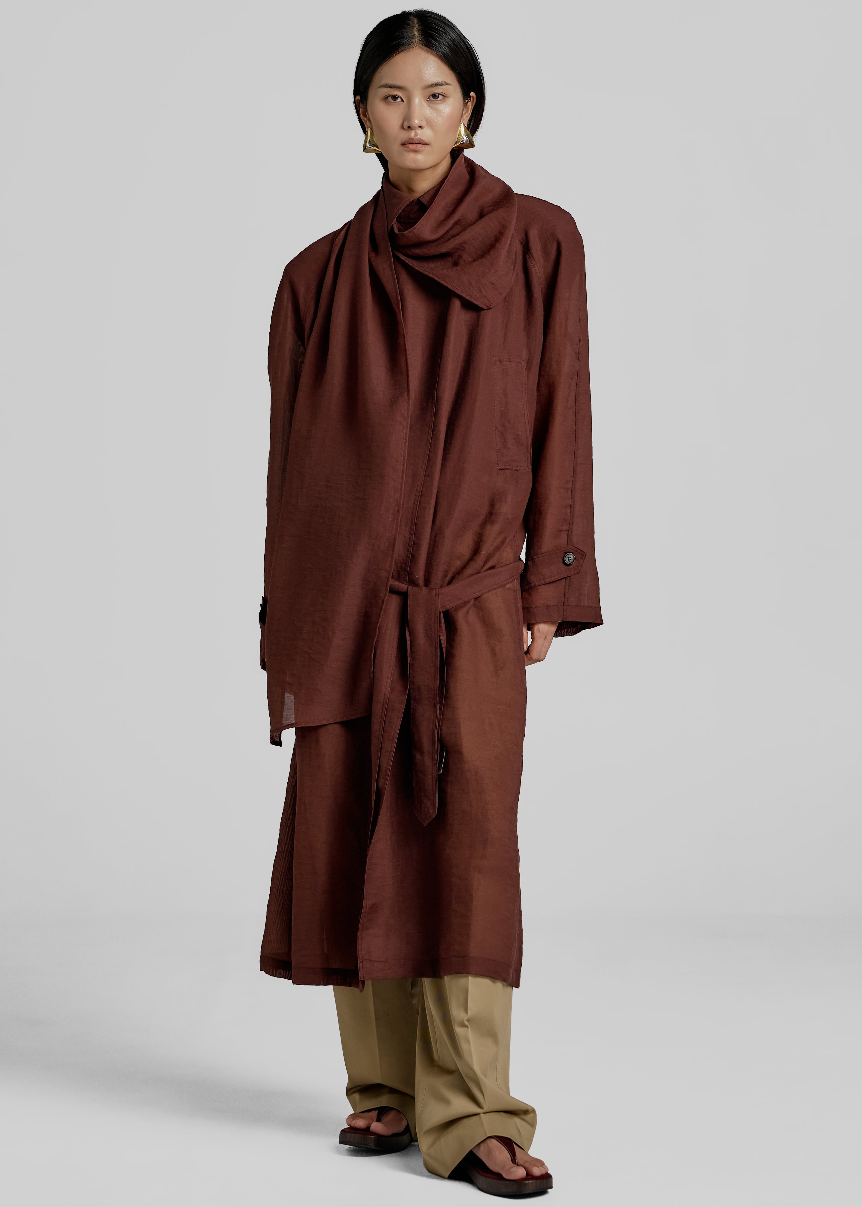 Ansel Sheer Scarf Collar Trench - Brown - 9