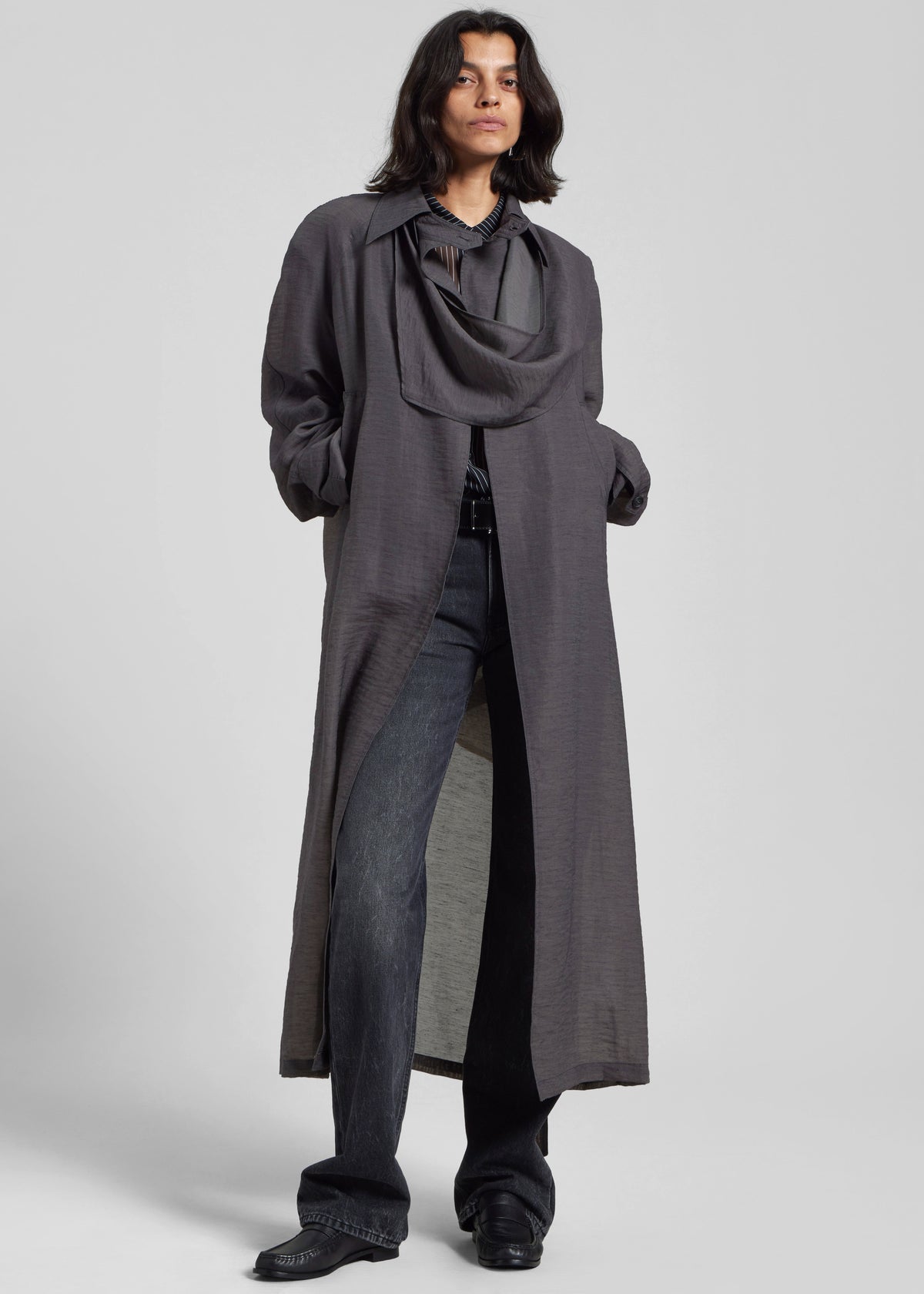 Ansel Sheer Scarf Collar Trench - Charcoal - 8
