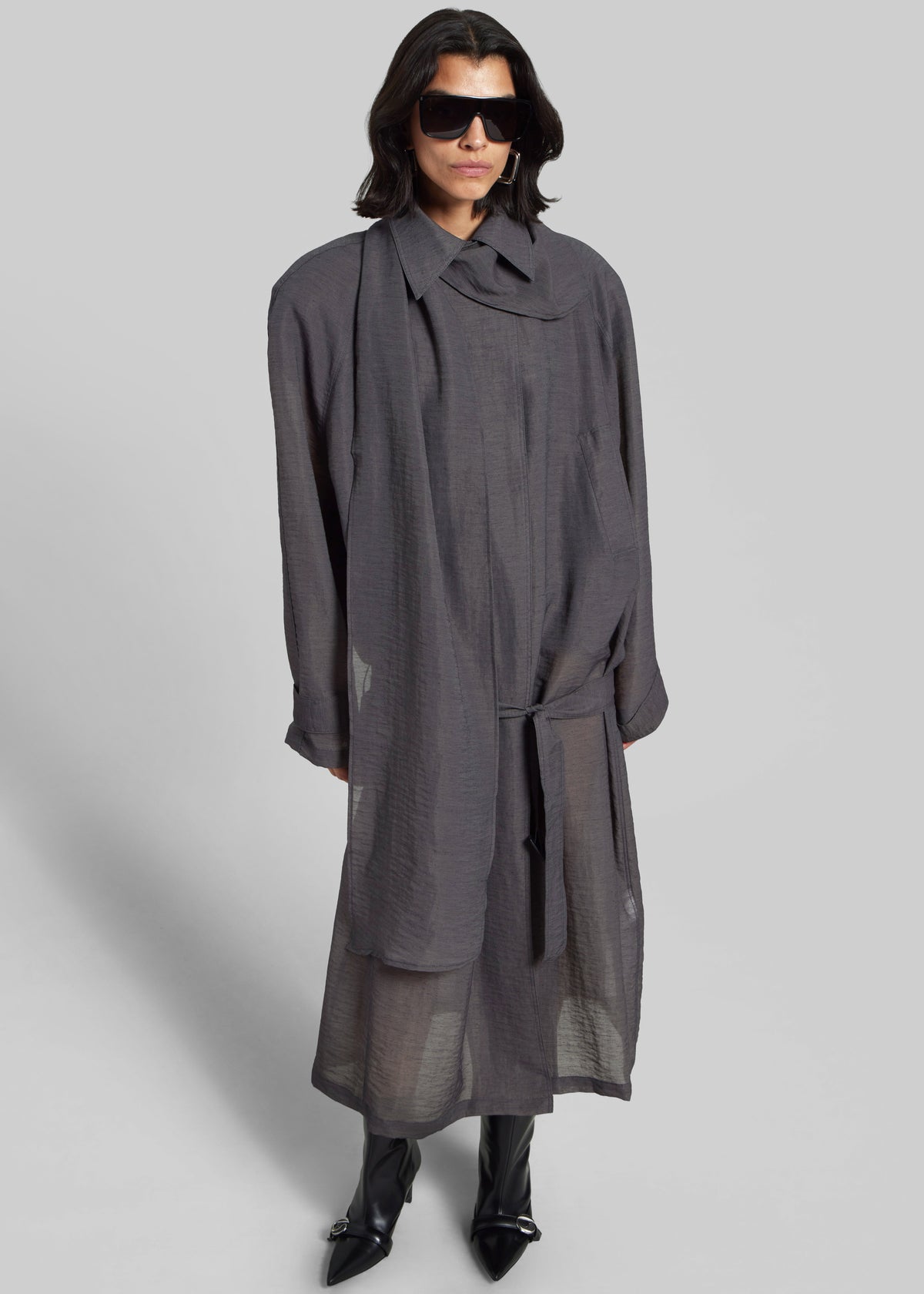 Ansel Sheer Scarf Collar Trench - Charcoal - 6