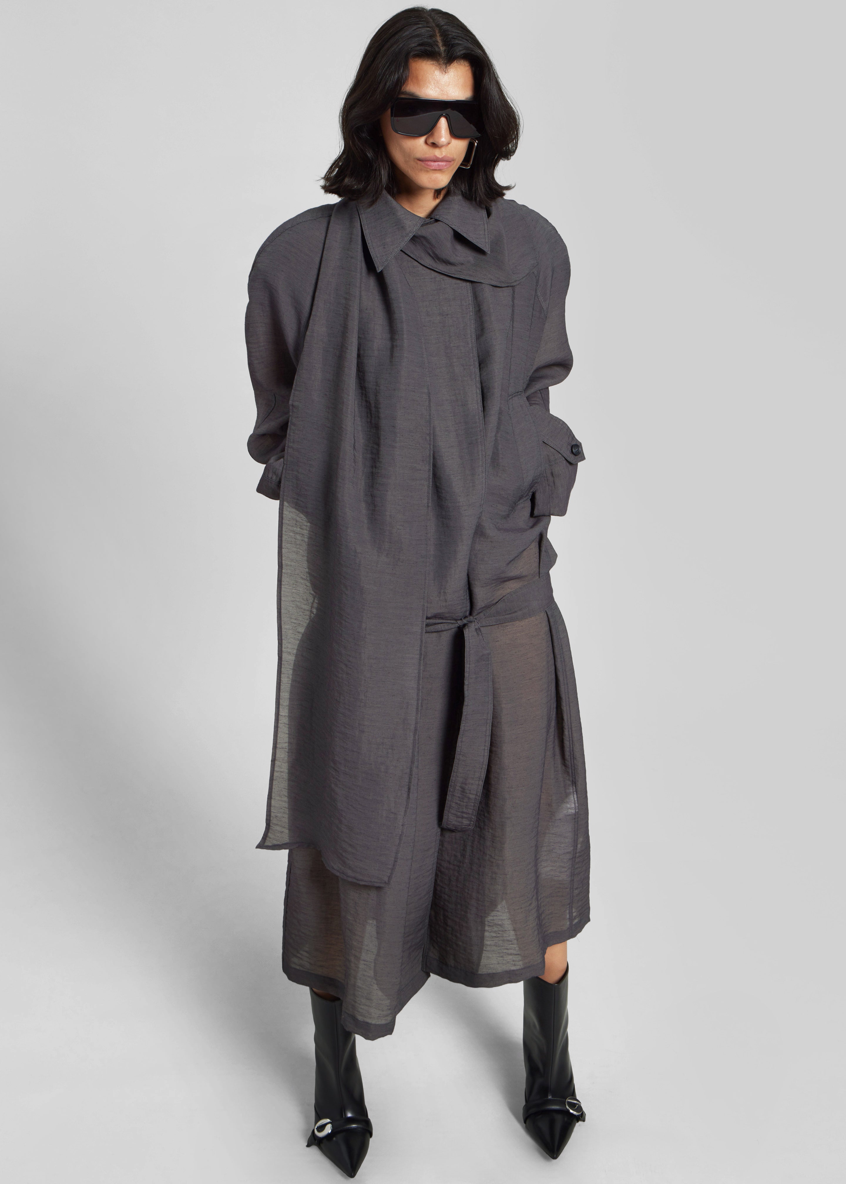 Ansel Sheer Scarf Collar Trench - Charcoal - 4