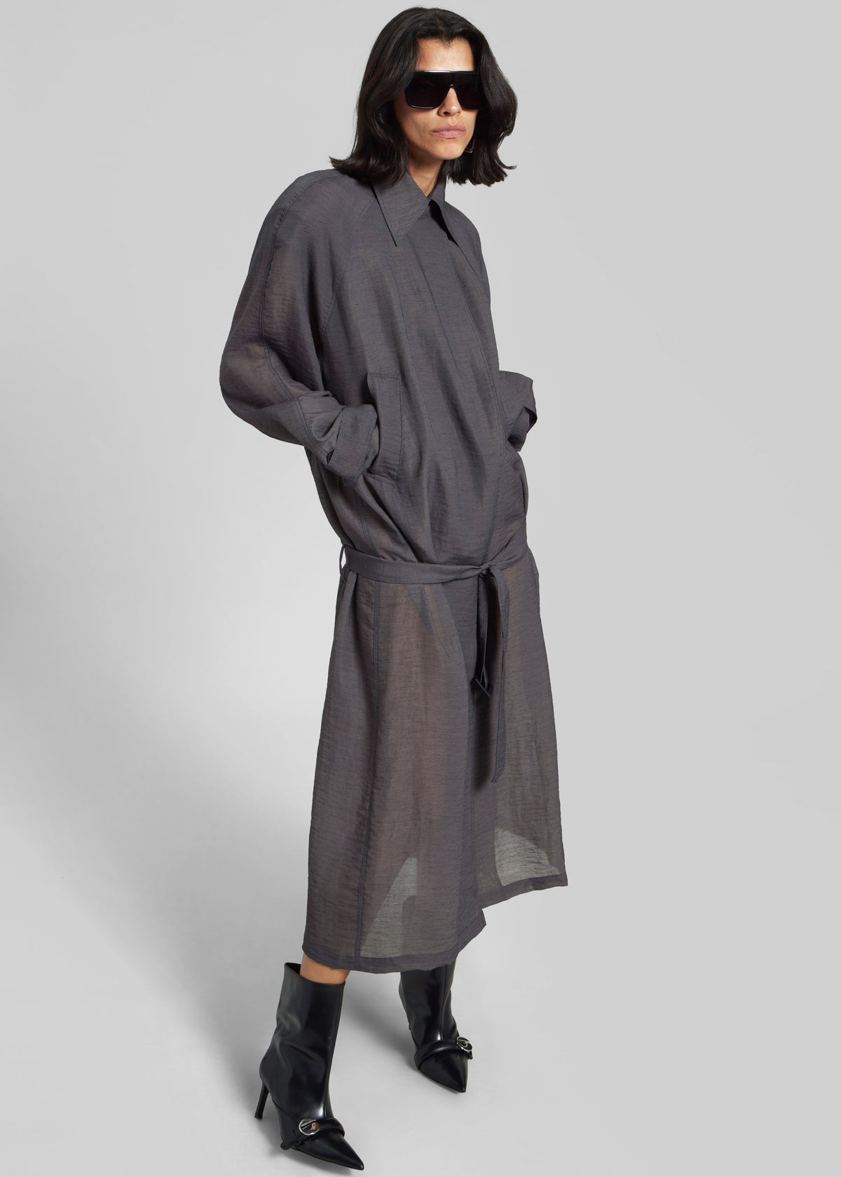Ansel Sheer Scarf Collar Trench - Charcoal - 2