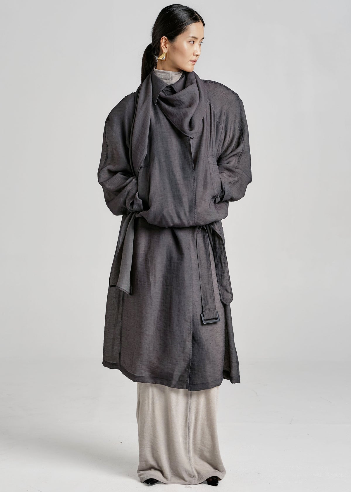 Ansel Sheer Scarf Collar Trench - Charcoal - 5