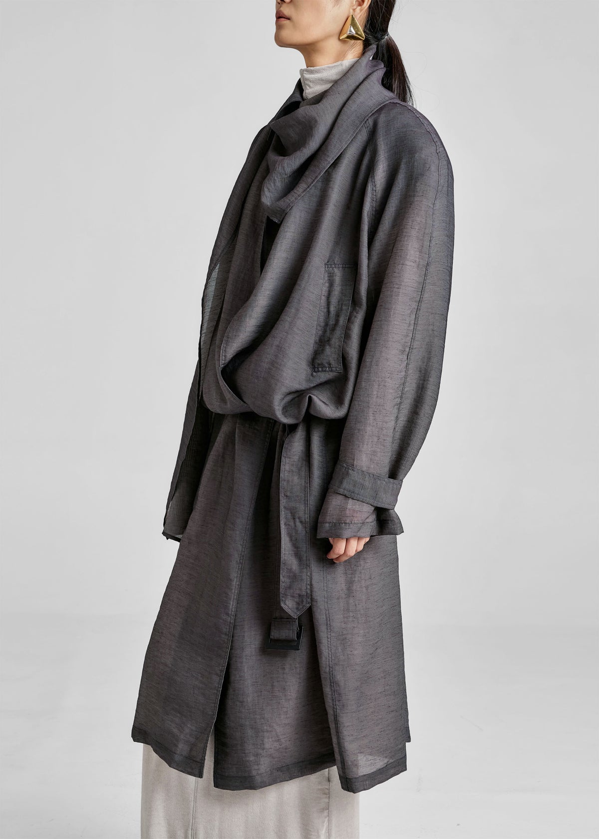 Ansel Sheer Scarf Collar Trench - Charcoal - 10