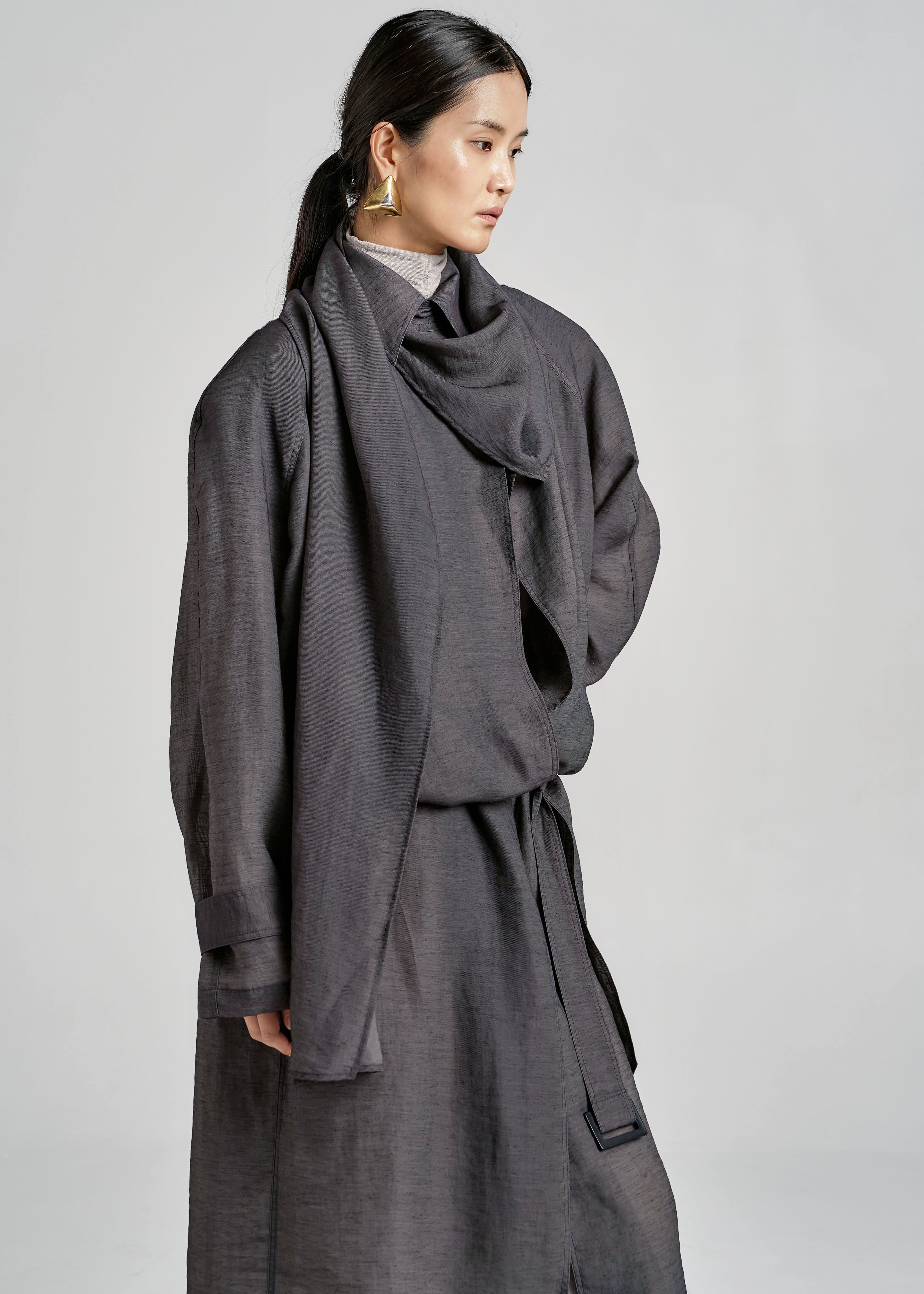 Ansel Sheer Scarf Collar Trench - Charcoal - 7