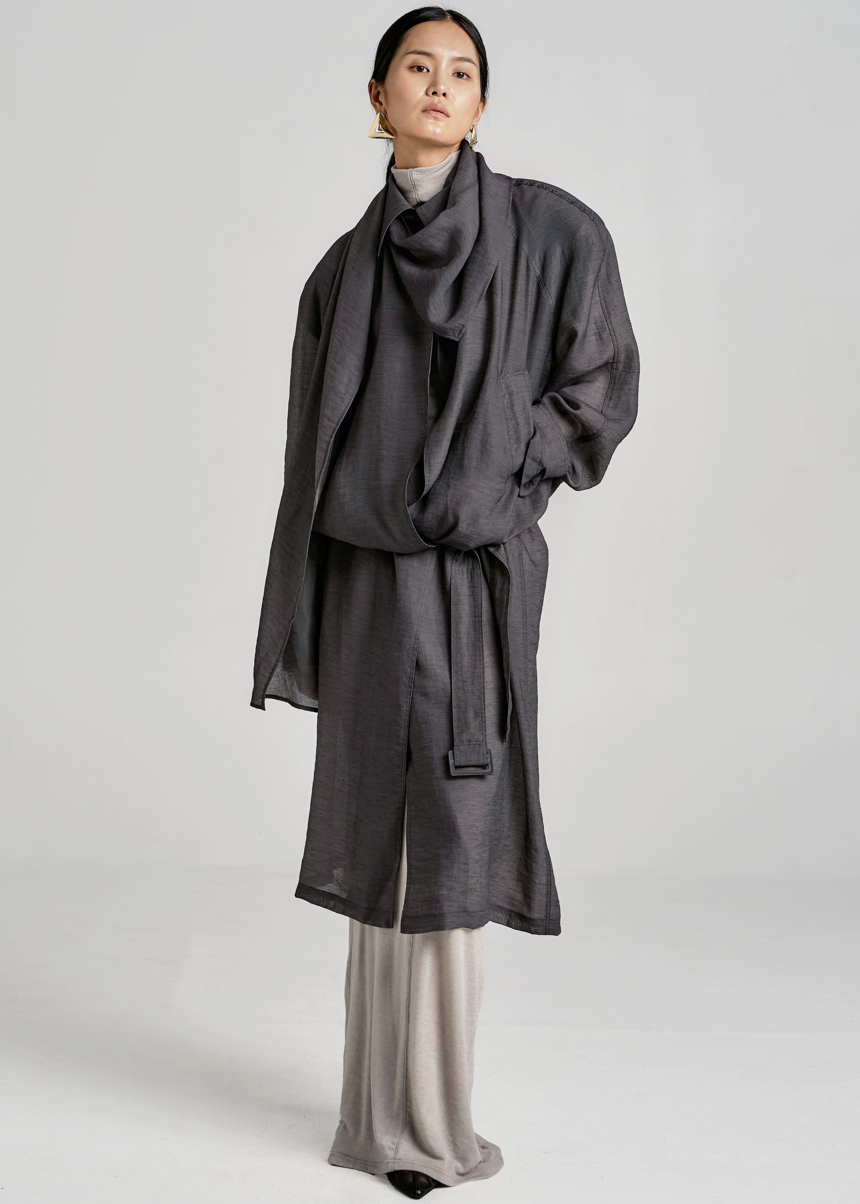 Ansel Sheer Scarf Collar Trench - Charcoal - 11