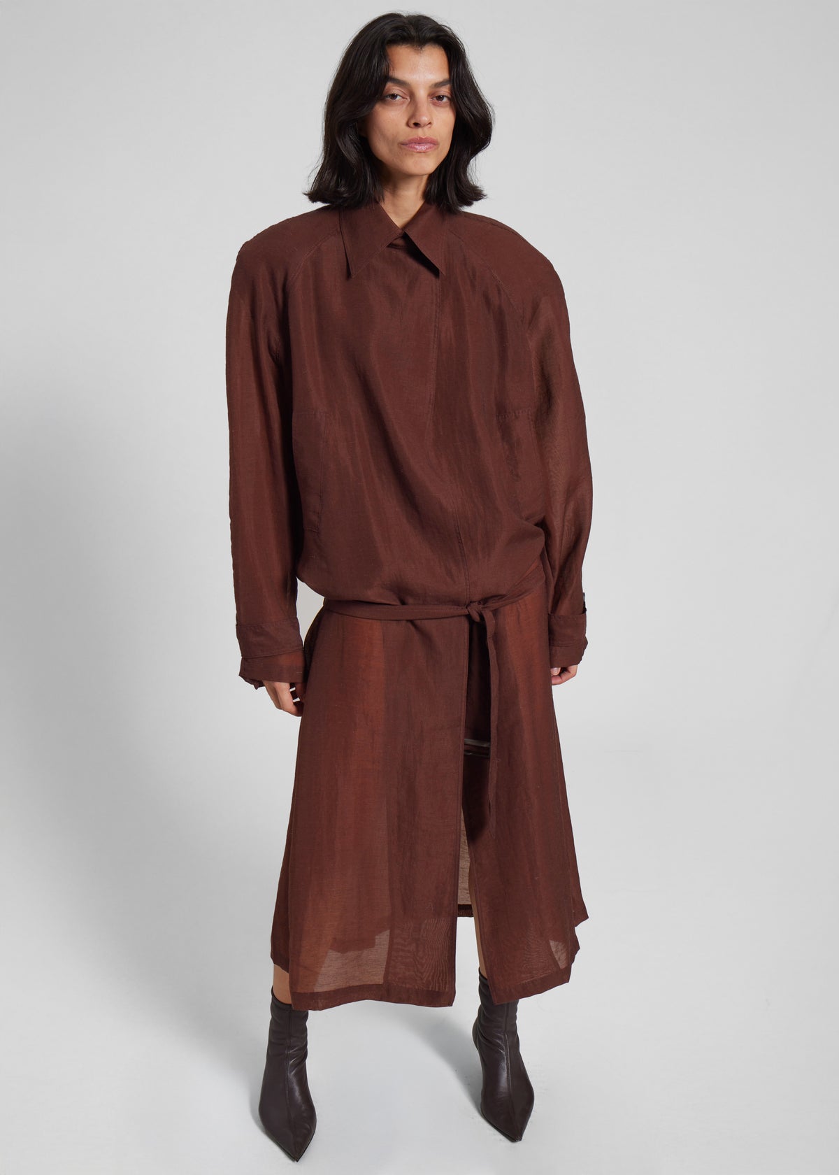 Ansel Sheer Scarf Collar Trench - Brown - 7