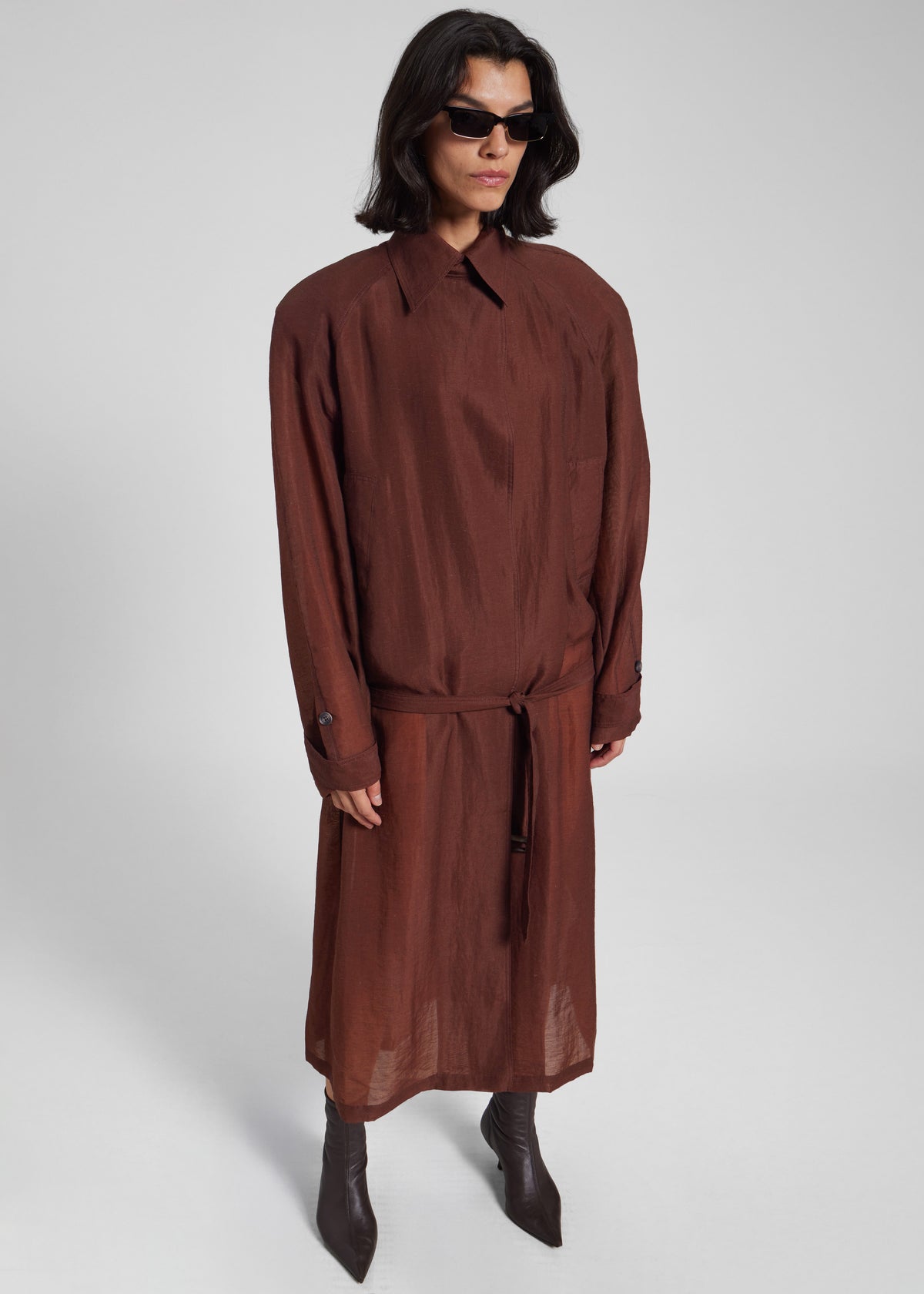 Ansel Sheer Scarf Collar Trench - Brown - 3