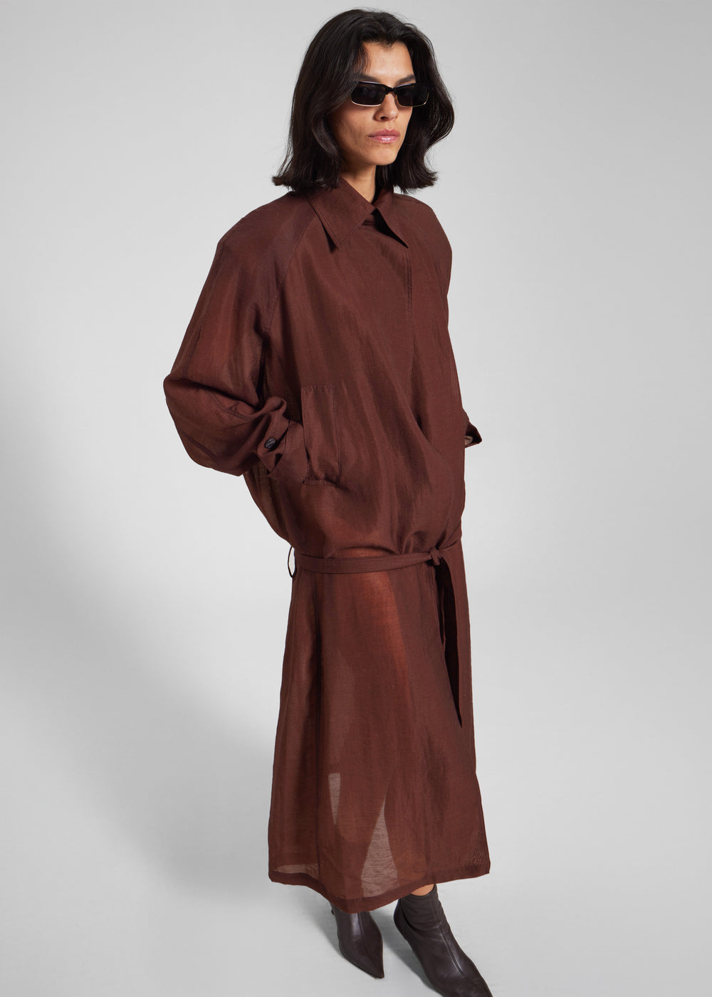 Ansel Sheer Scarf Collar Trench - Brown - 1