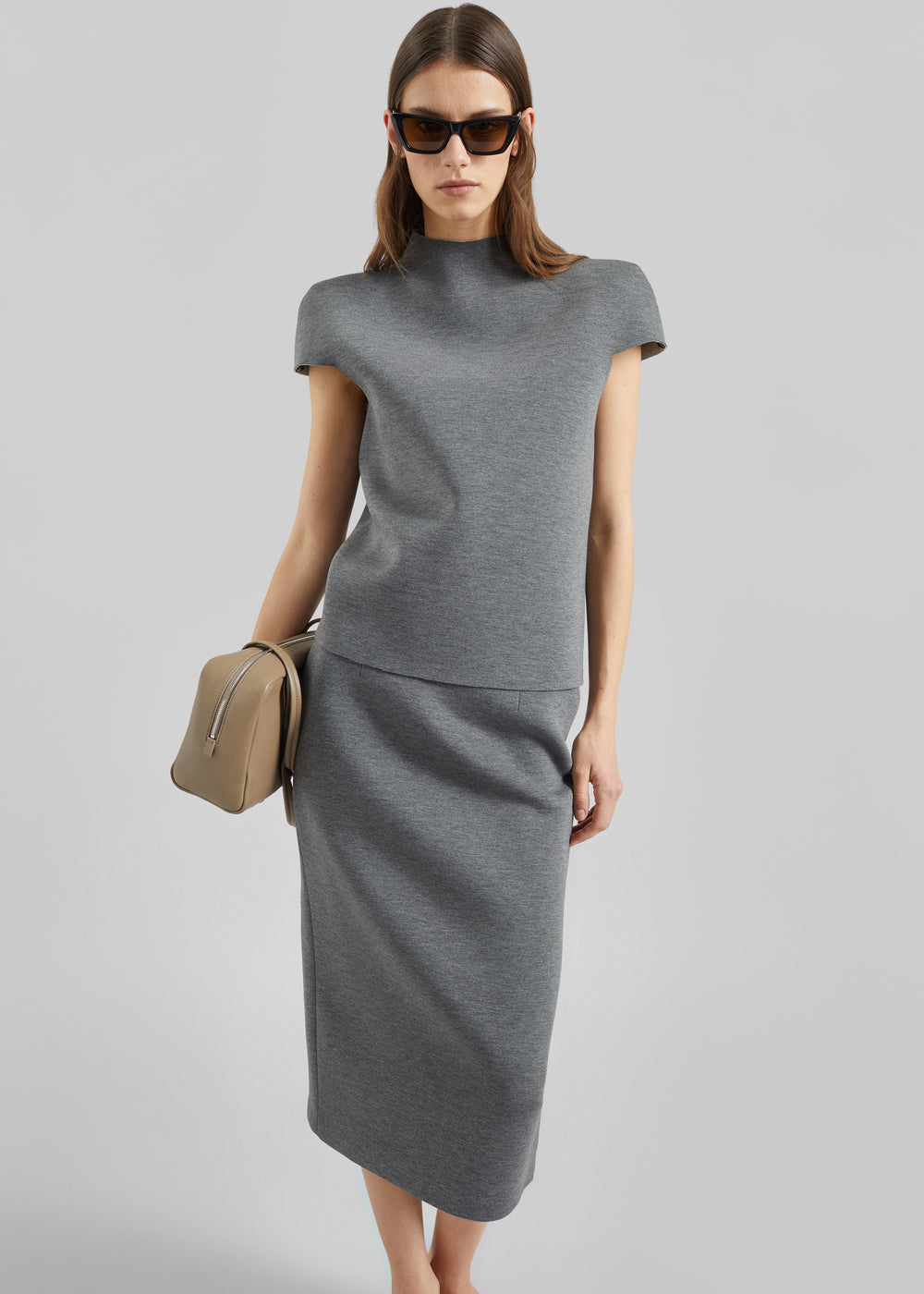 Anya Neoprene Sculpted Sleeve Top - Grey Melange - 1