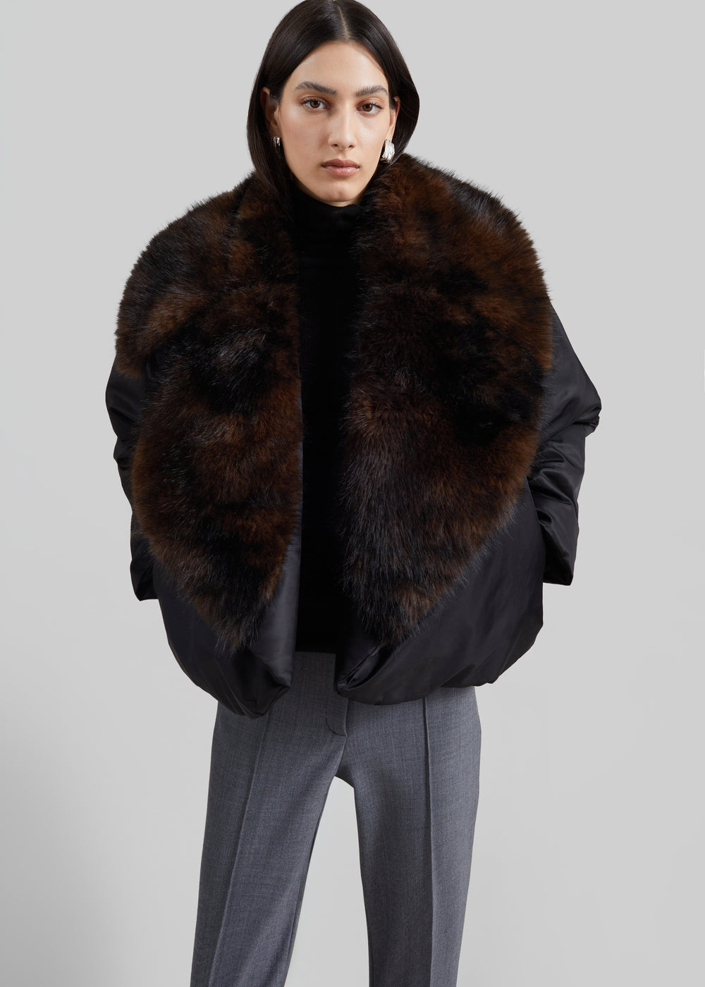 Ariella Faux Fur Notch Collar Puffer Jacket - Black/Brown - 1