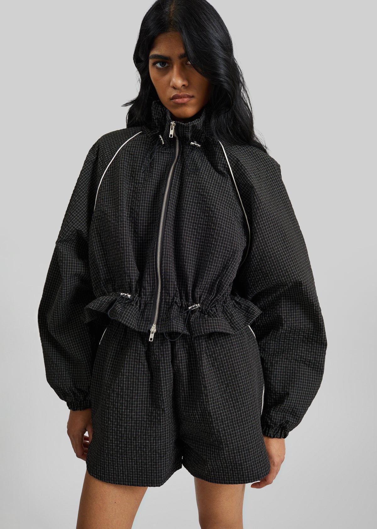 Arizona Seersucker Drawstring Track Jacket - Checked Black - 9