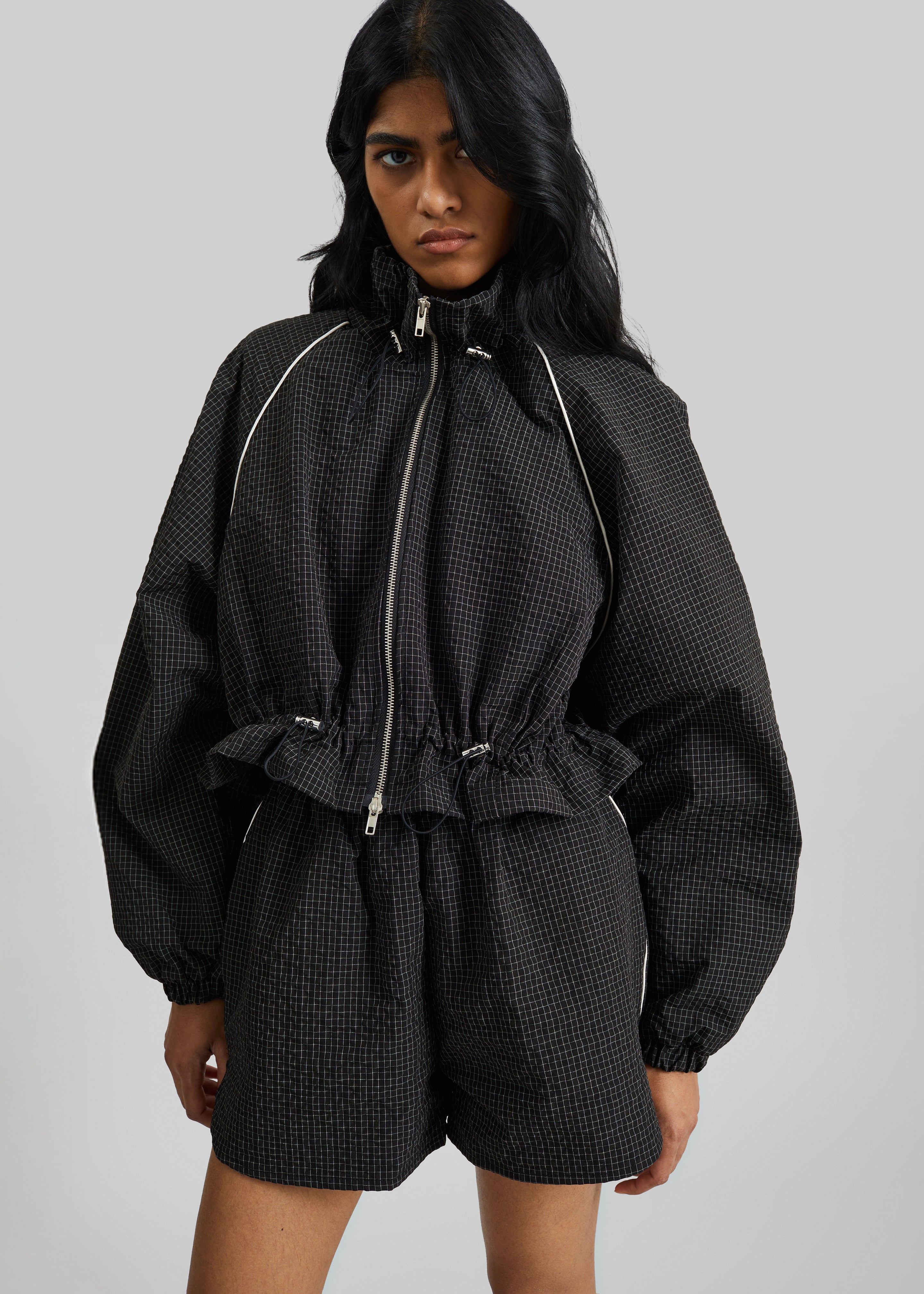 Arizona Seersucker Drawstring Track Jacket - Checked Black - 9