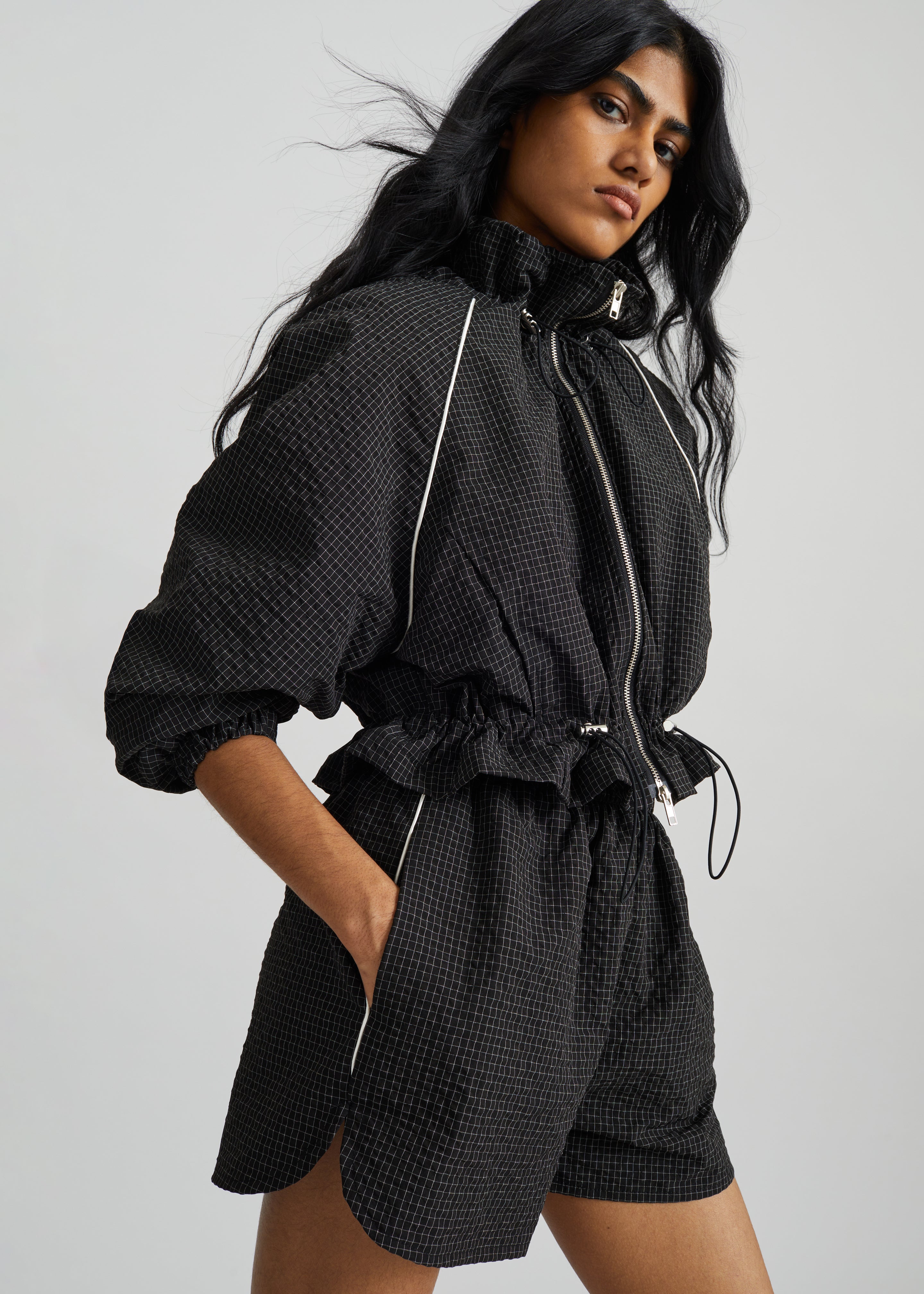 Arizona Seersucker Drawstring Track Jacket - Checked Black - 4