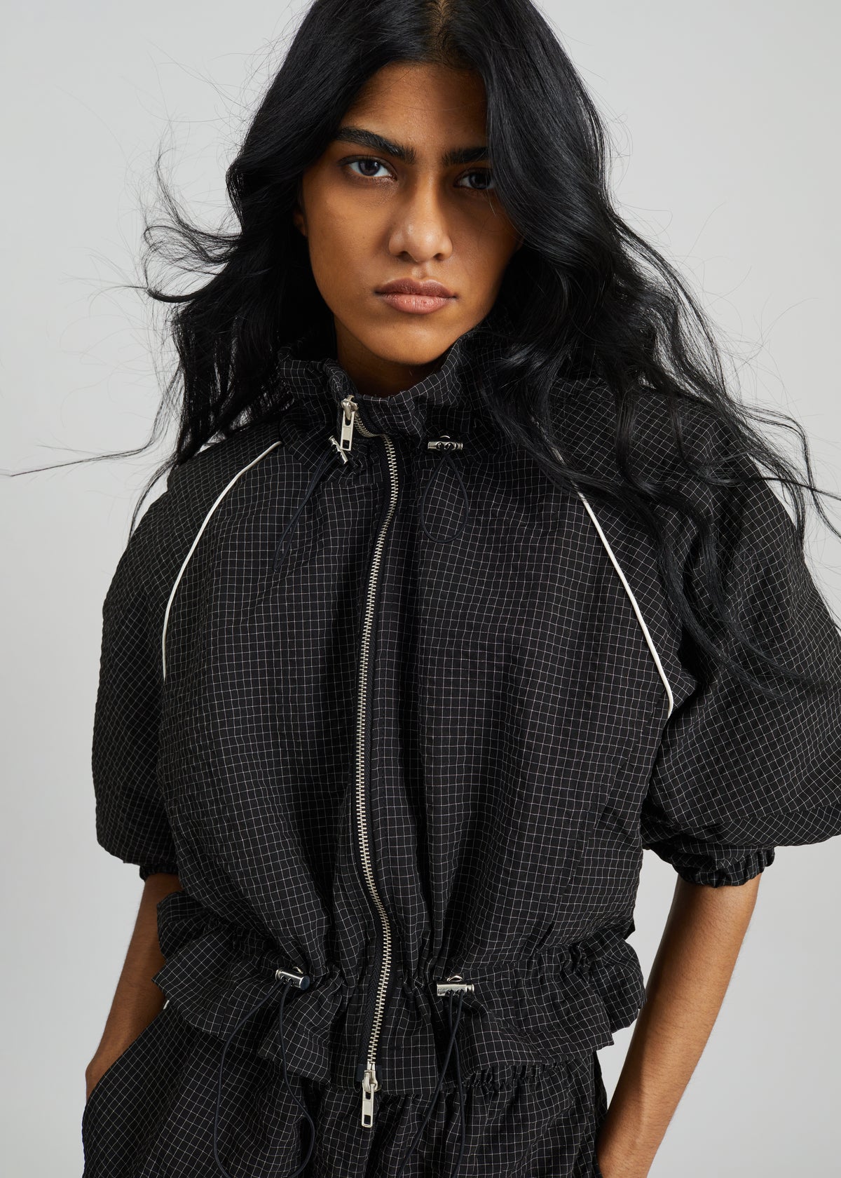 Arizona Seersucker Drawstring Track Jacket - Checked Black - 2