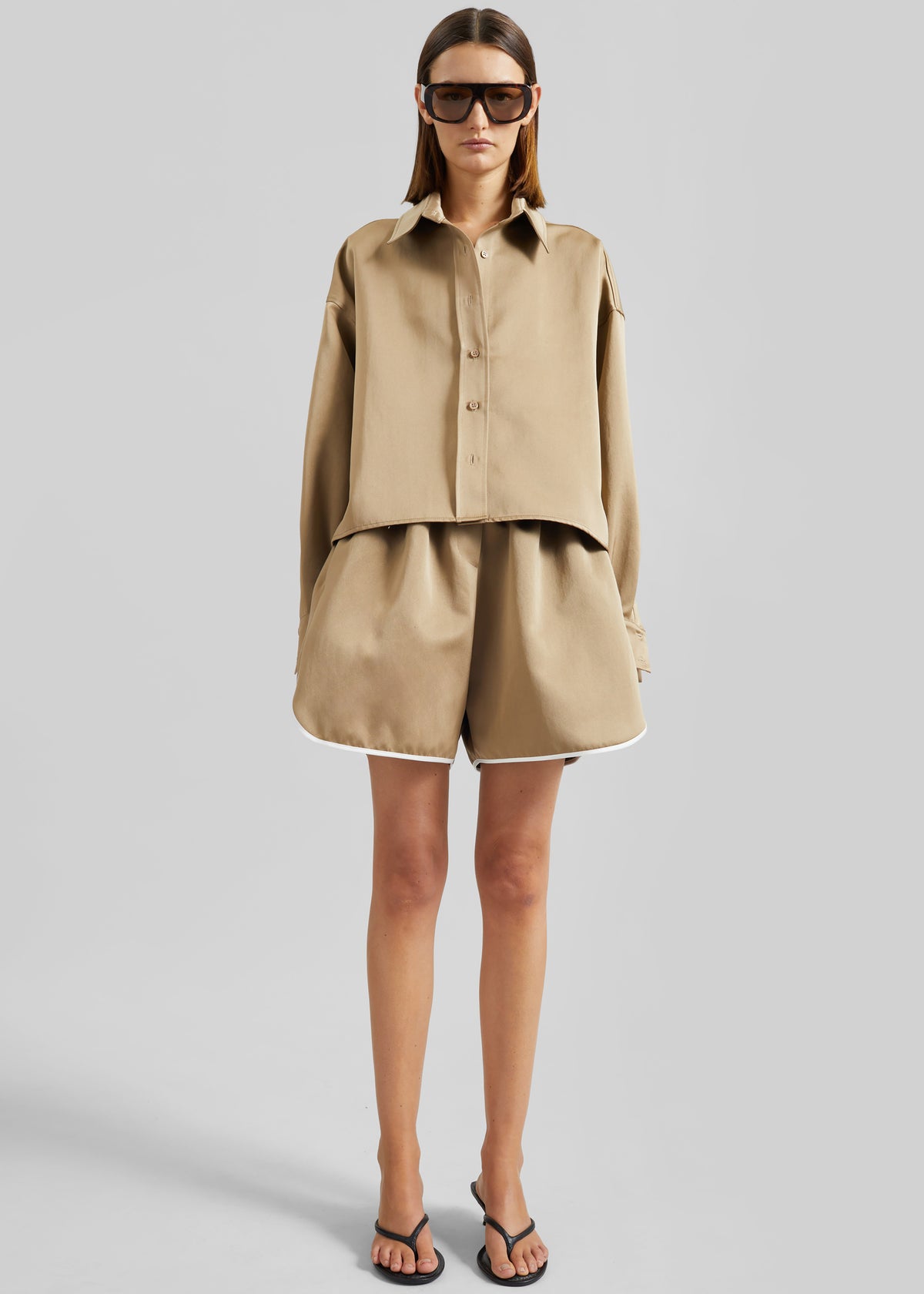 Arlen Satin Boxy Shirt - Beige - 5