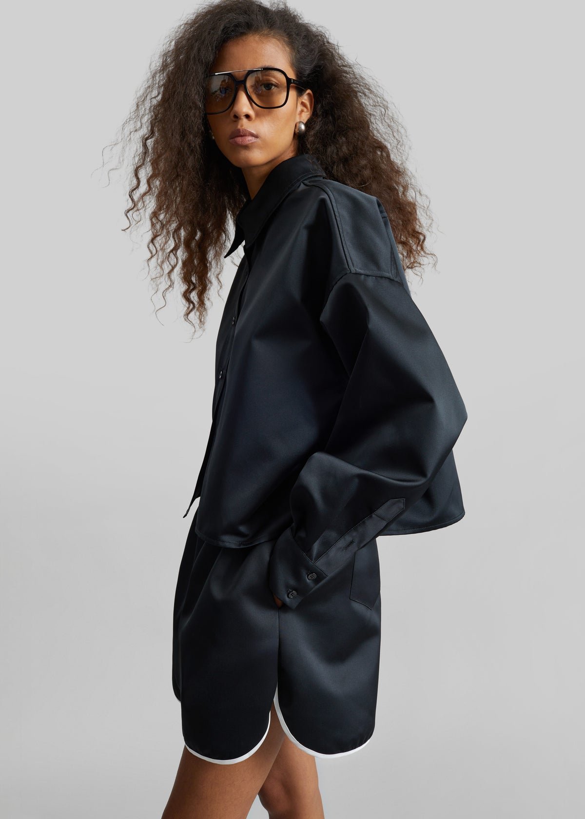 Arlen Satin Boxy Shirt - Black - 4