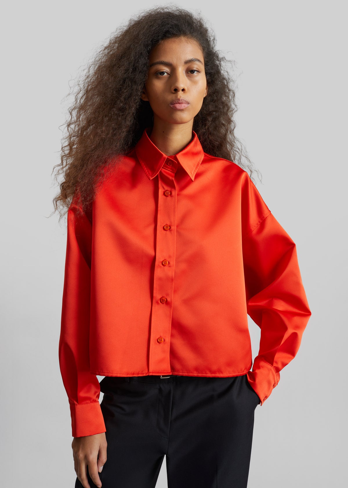 Arlen Satin Boxy Shirt - Coral Red - 3