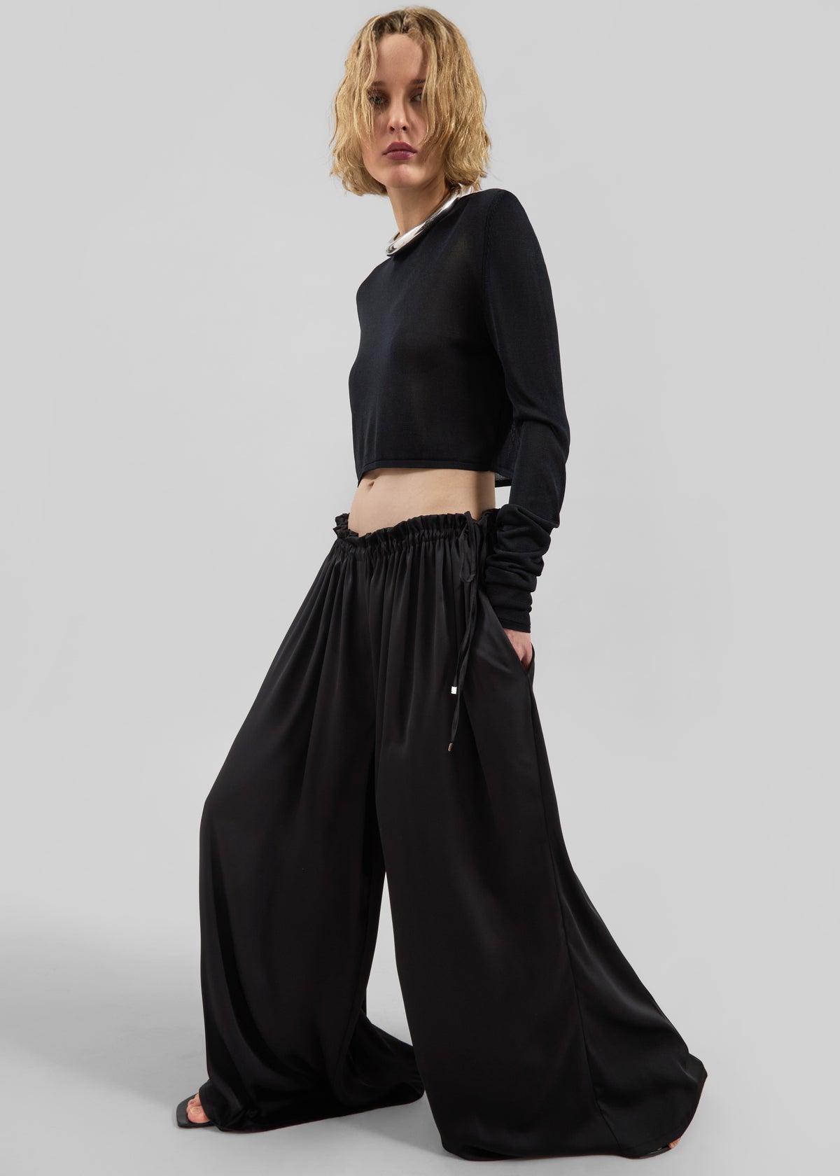 Arleth Satin Sheer Drawstring Pants - Black - 3
