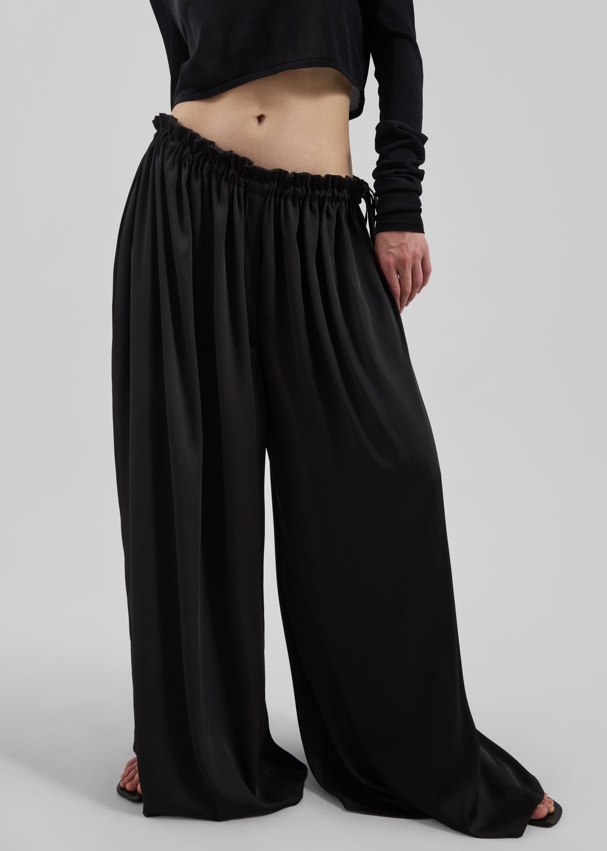 Arleth Satin Sheer Drawstring Pants - Black - 5