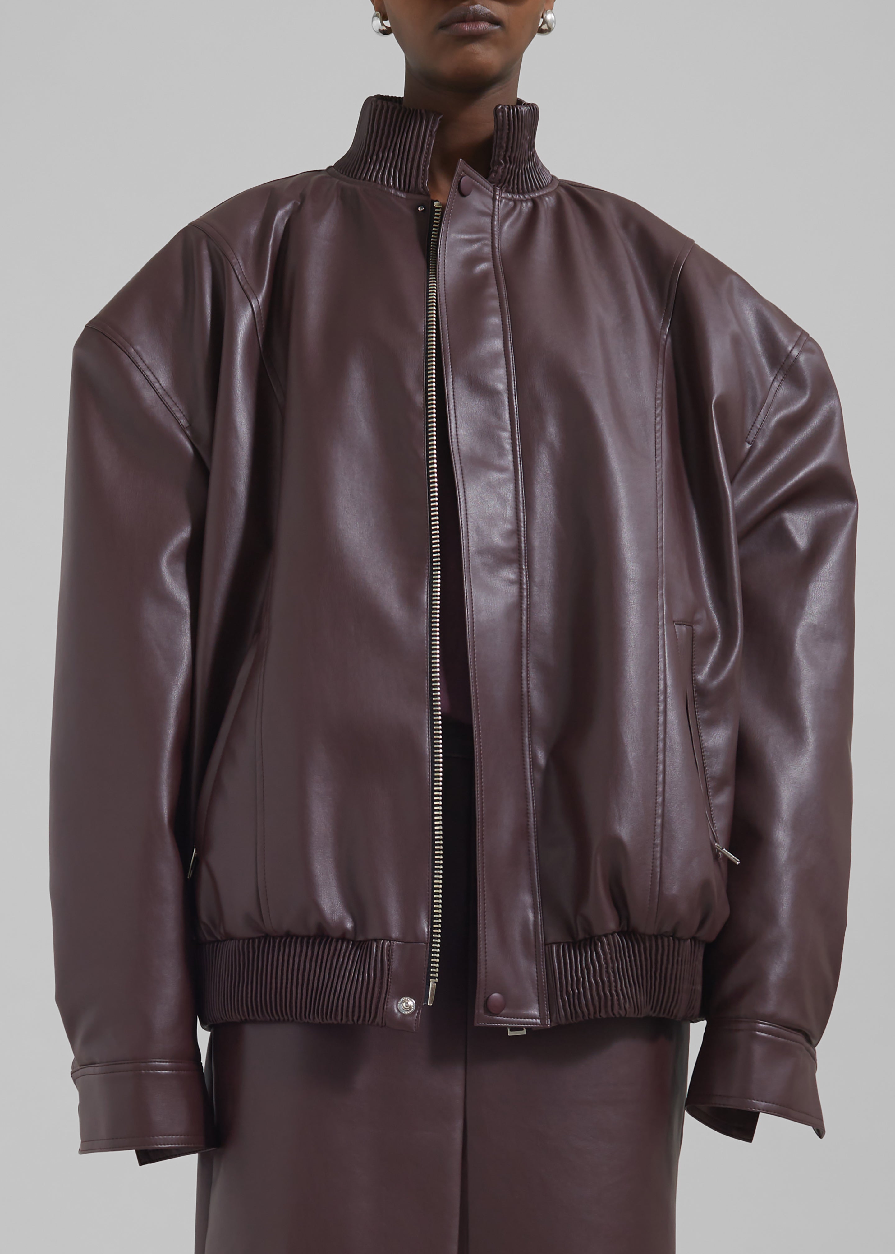 Arley Oversized Faux Leather Bomber - Burgundy - 3