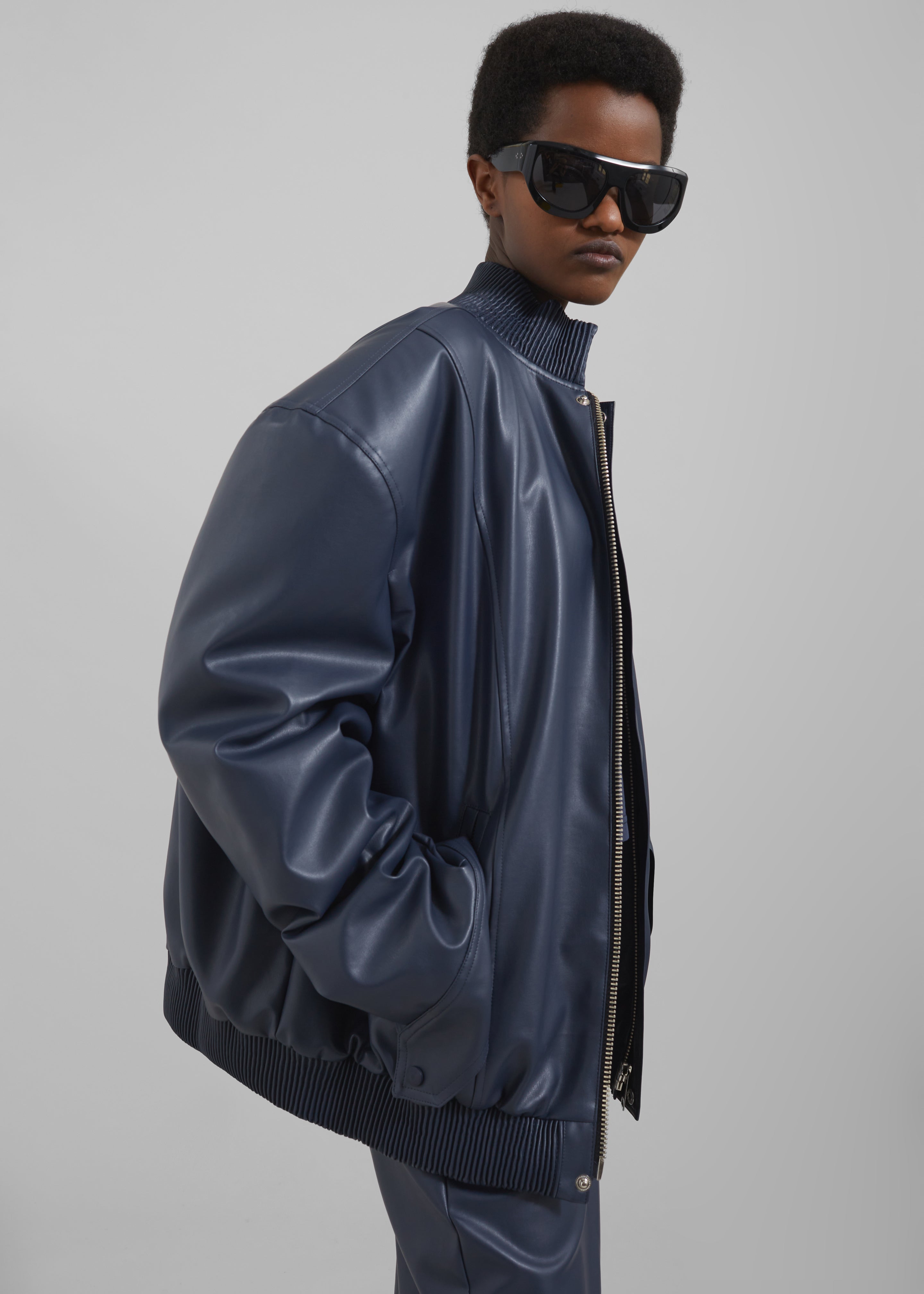 Arley Oversized Faux Leather Bomber - Navy - 7