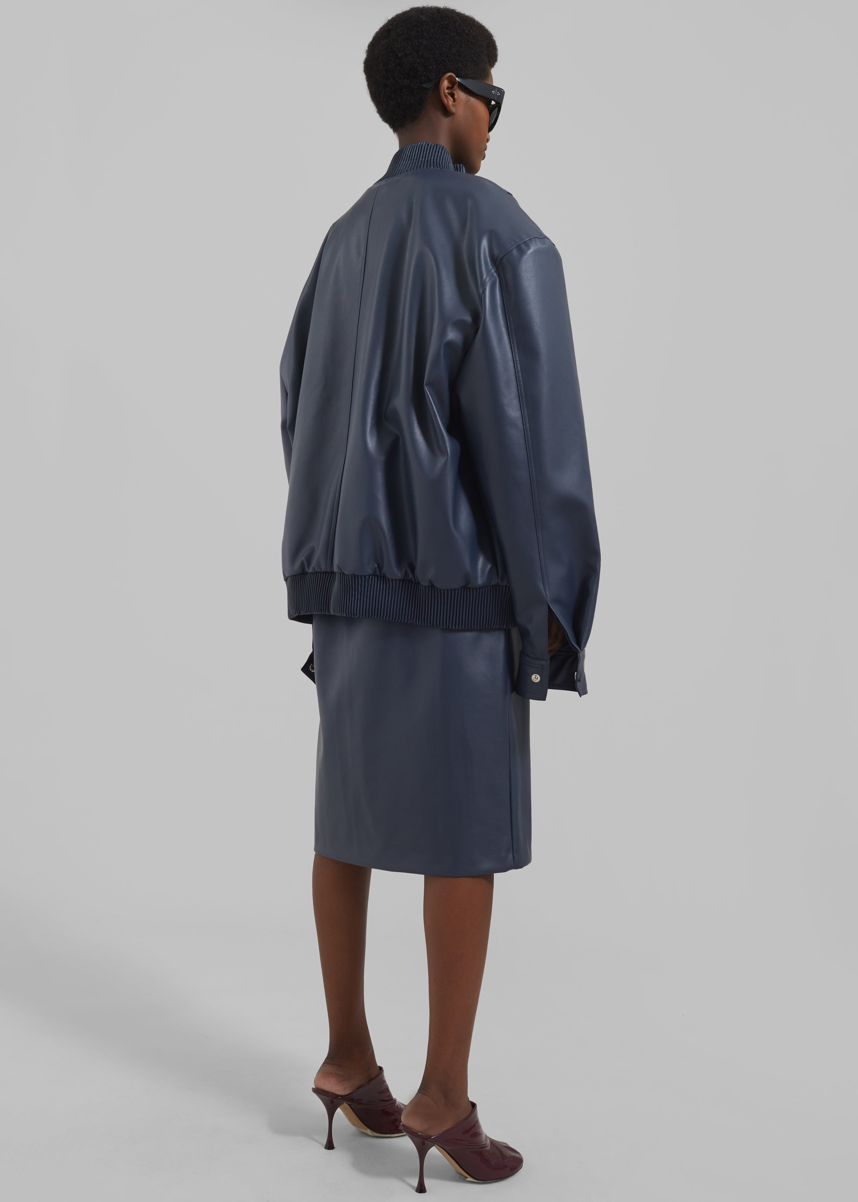 Arley Oversized Faux Leather Bomber - Navy - 8