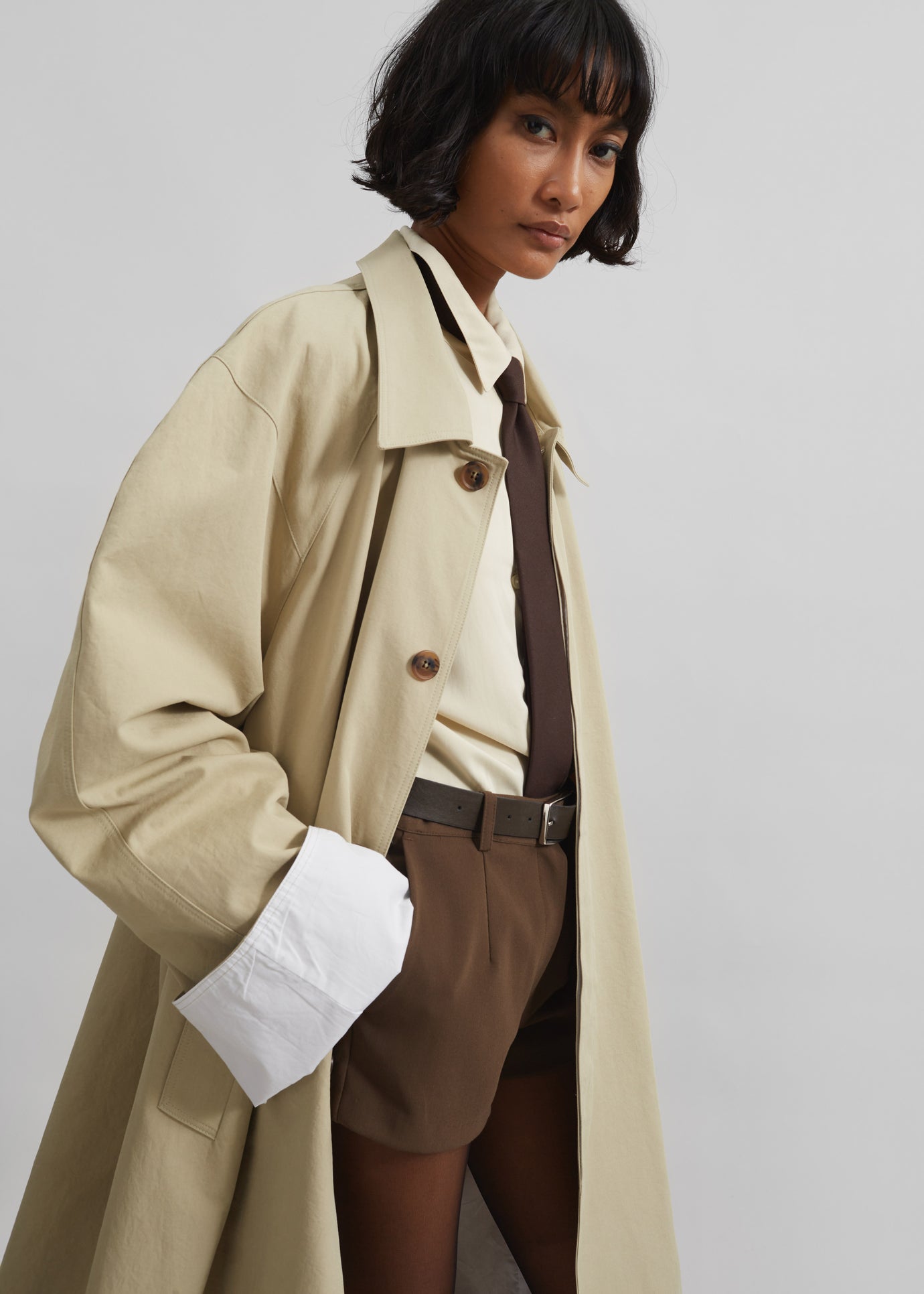 Arlise Oversized Trench Coat - Beige - 1