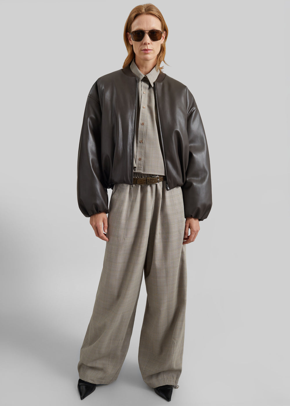 Arolla Faux Leather Draped Jacket - Brown - 1