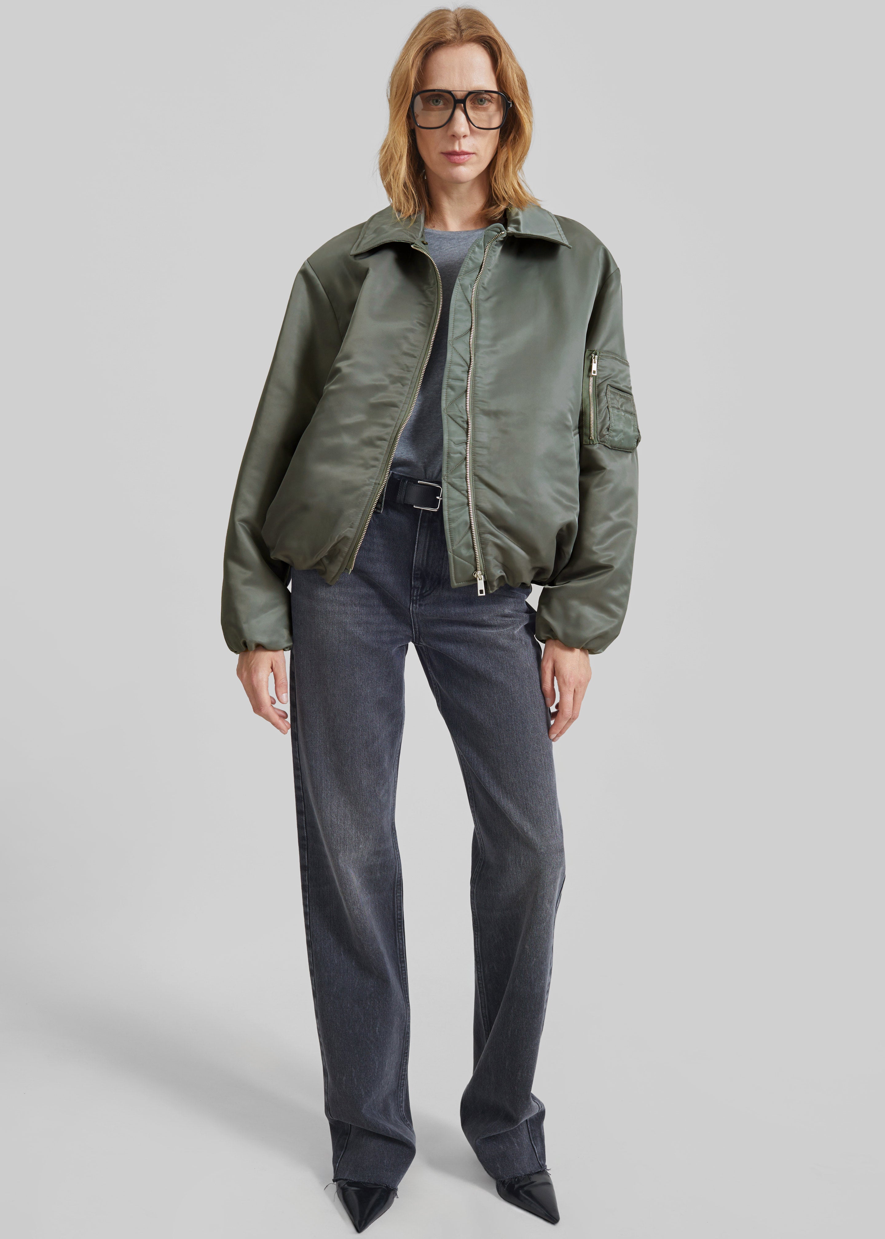 JUSGLITTY カーキ ブルゾン S Varsity Oversized Fleece Zip Up Jacket - Khaki Green