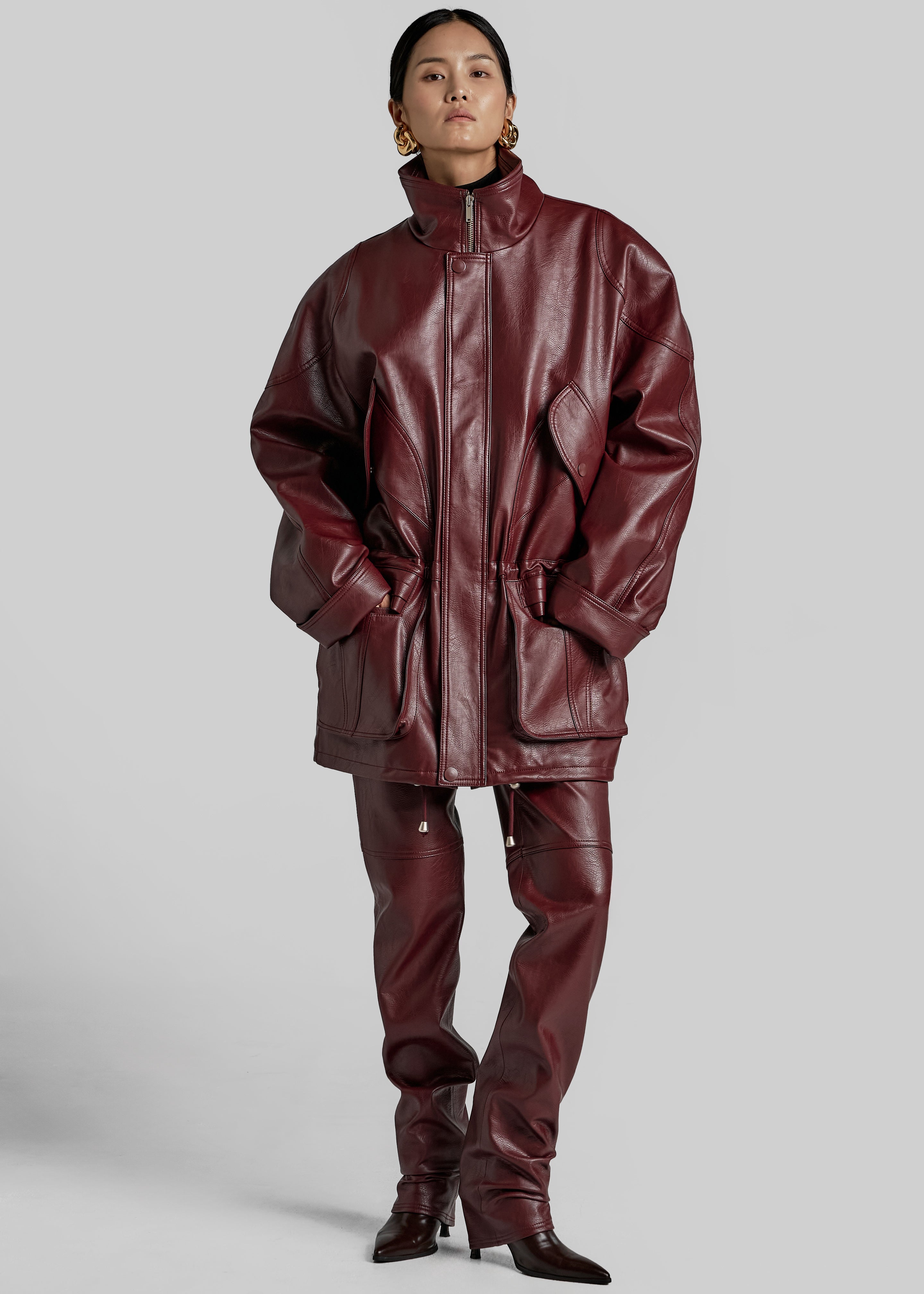 Ascona Faux Leather Jacket - Burgundy - 4