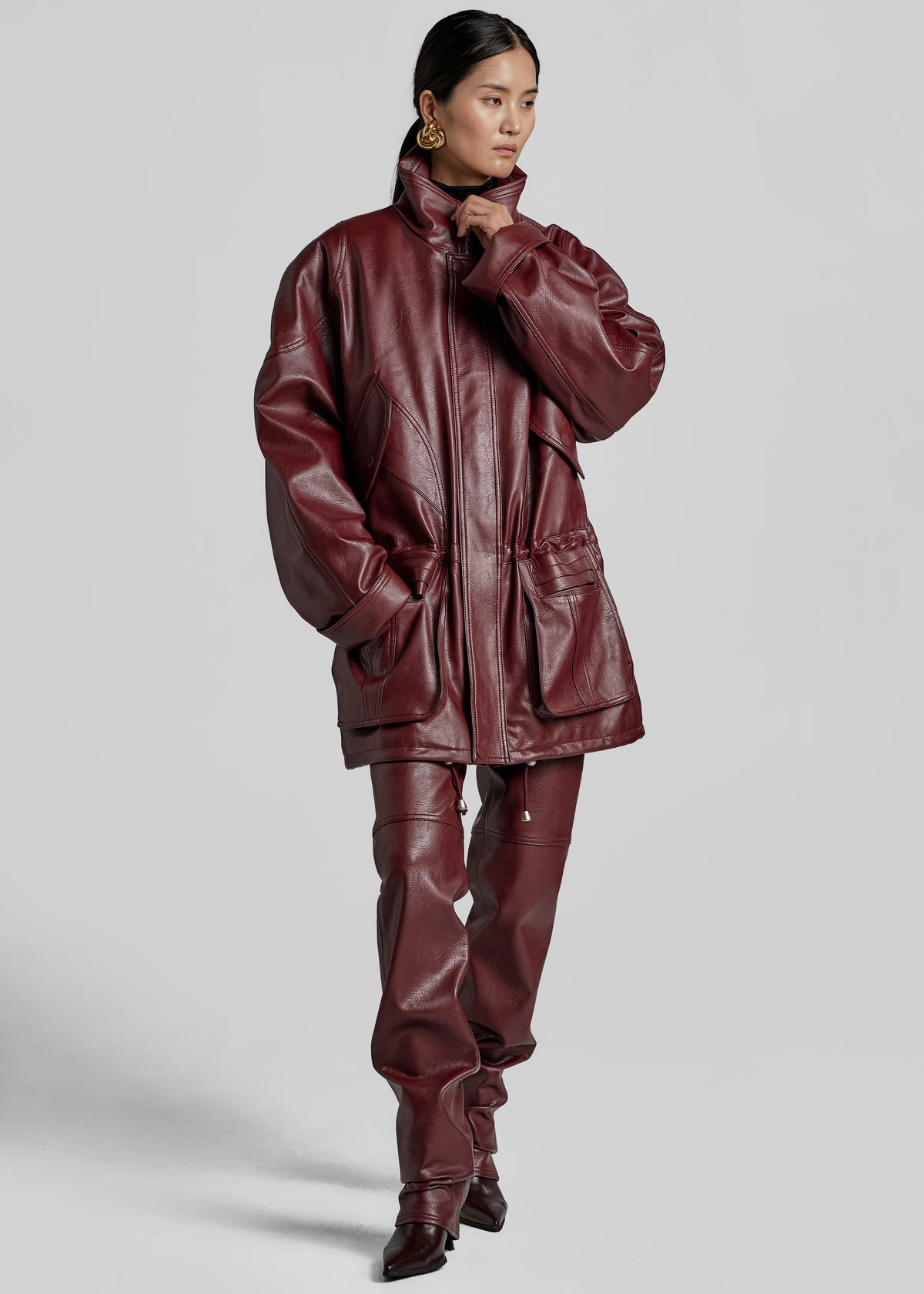 Ascona Faux Leather Jacket - Burgundy - 7