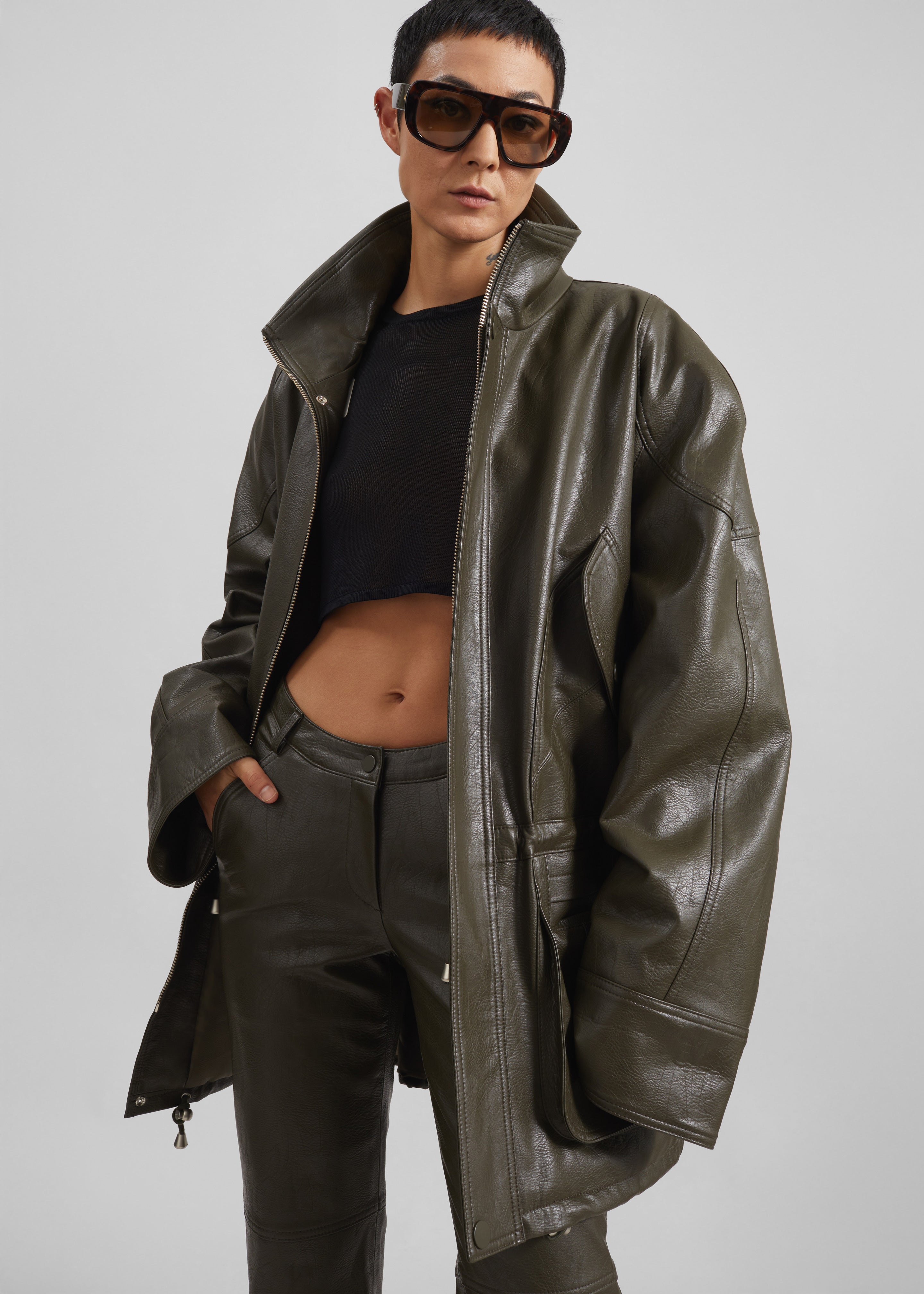 Ascona Faux Leather Jacket - Dark Olive - 4