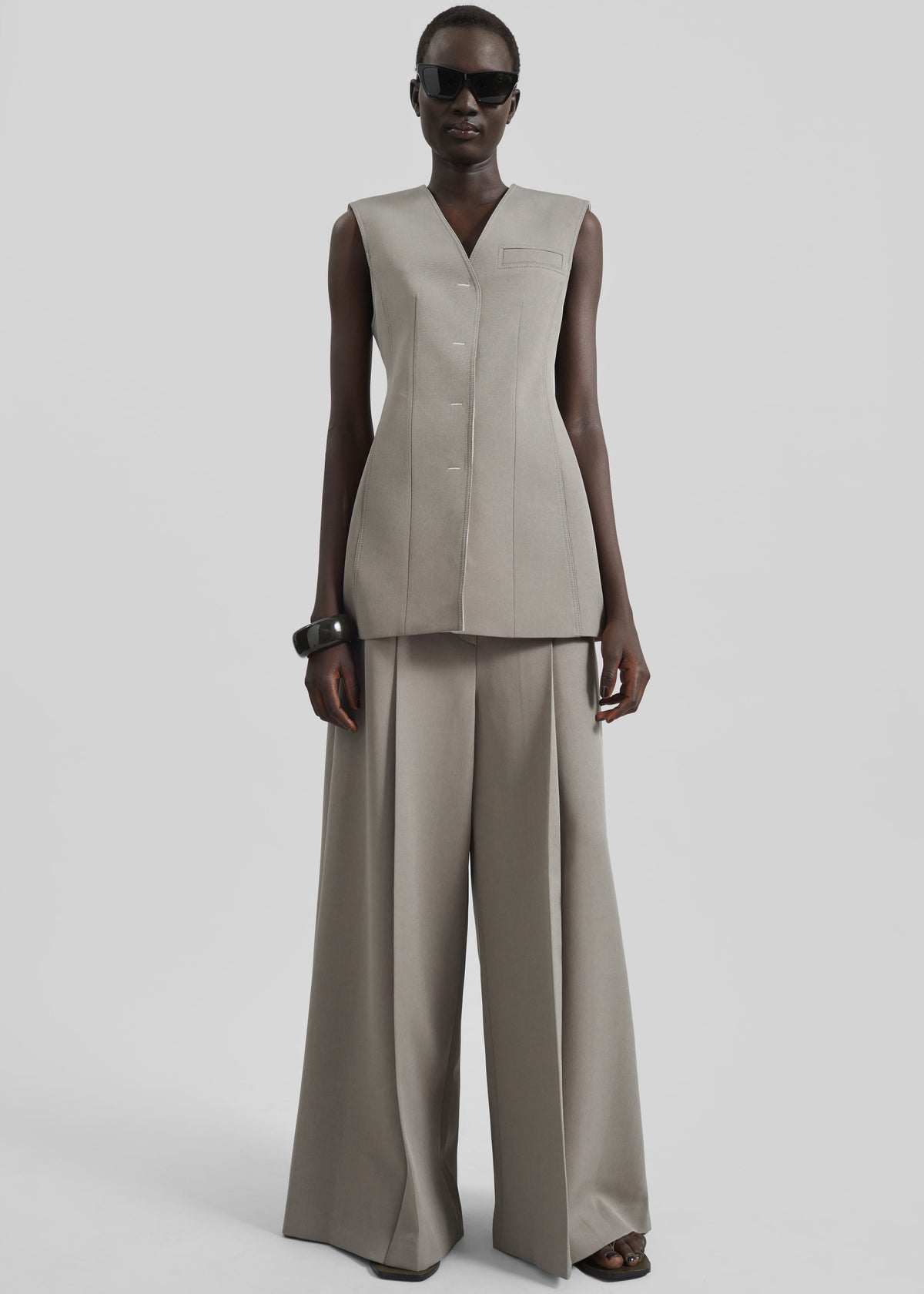 grey vest dress Grey Wool Blend Midi Pinafore Dress: Sleeveless A-Line Pleated Winter Jumper, Ylistyle C5278