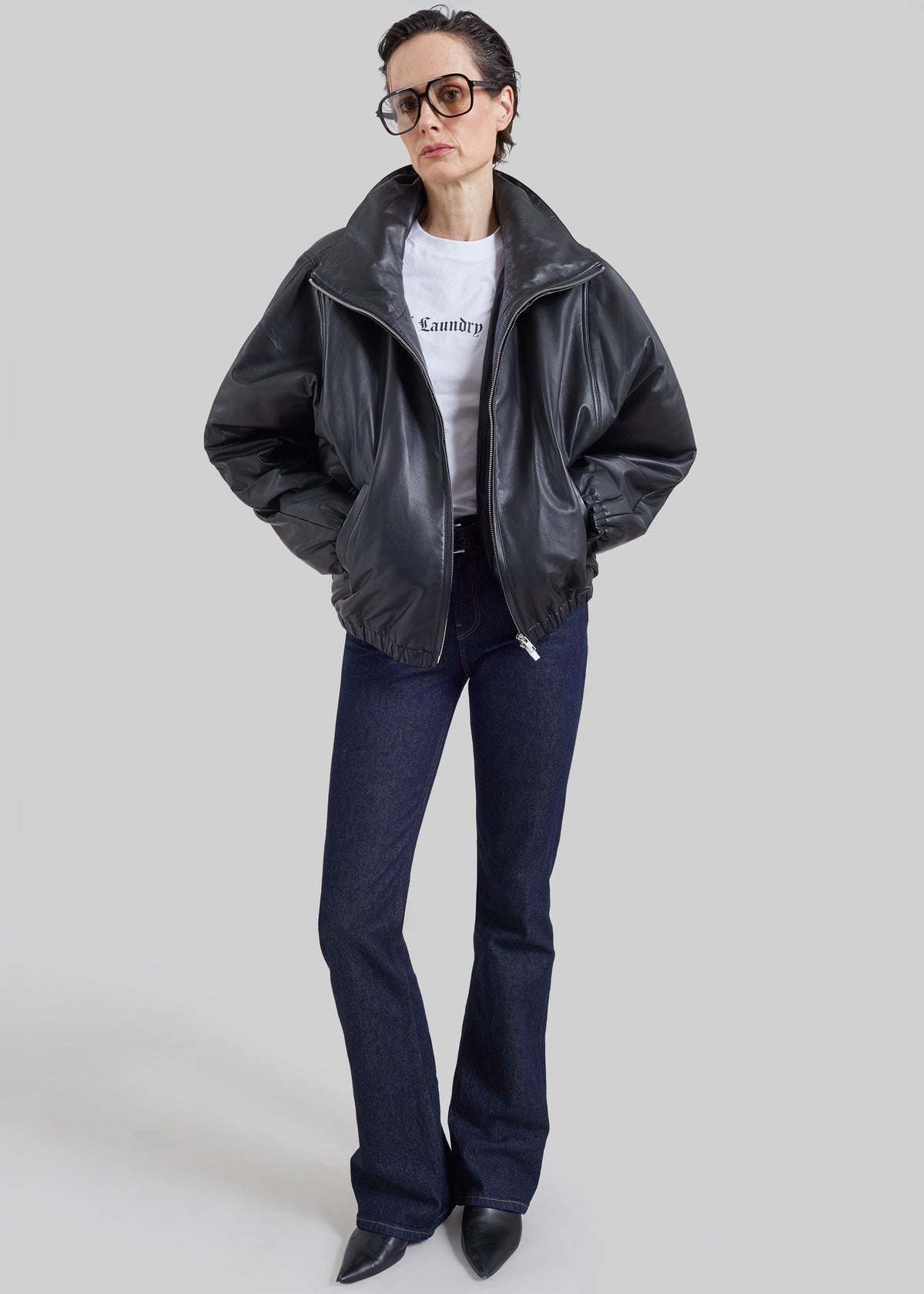Assissi Leather Funnel Neck Bomber Jacket - Black
