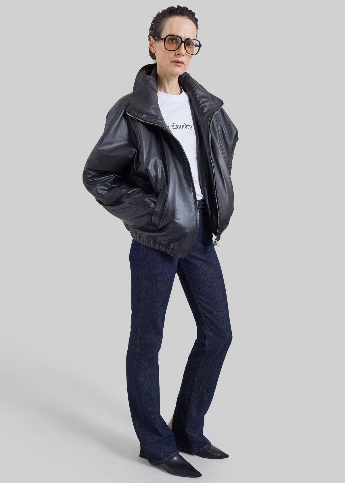 Assissi Leather Funnel Neck Bomber Jacket - Black