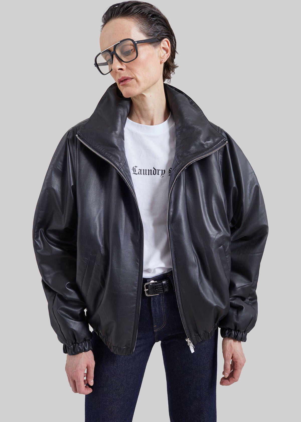 Assissi Leather Funnel Neck Bomber Jacket - Black