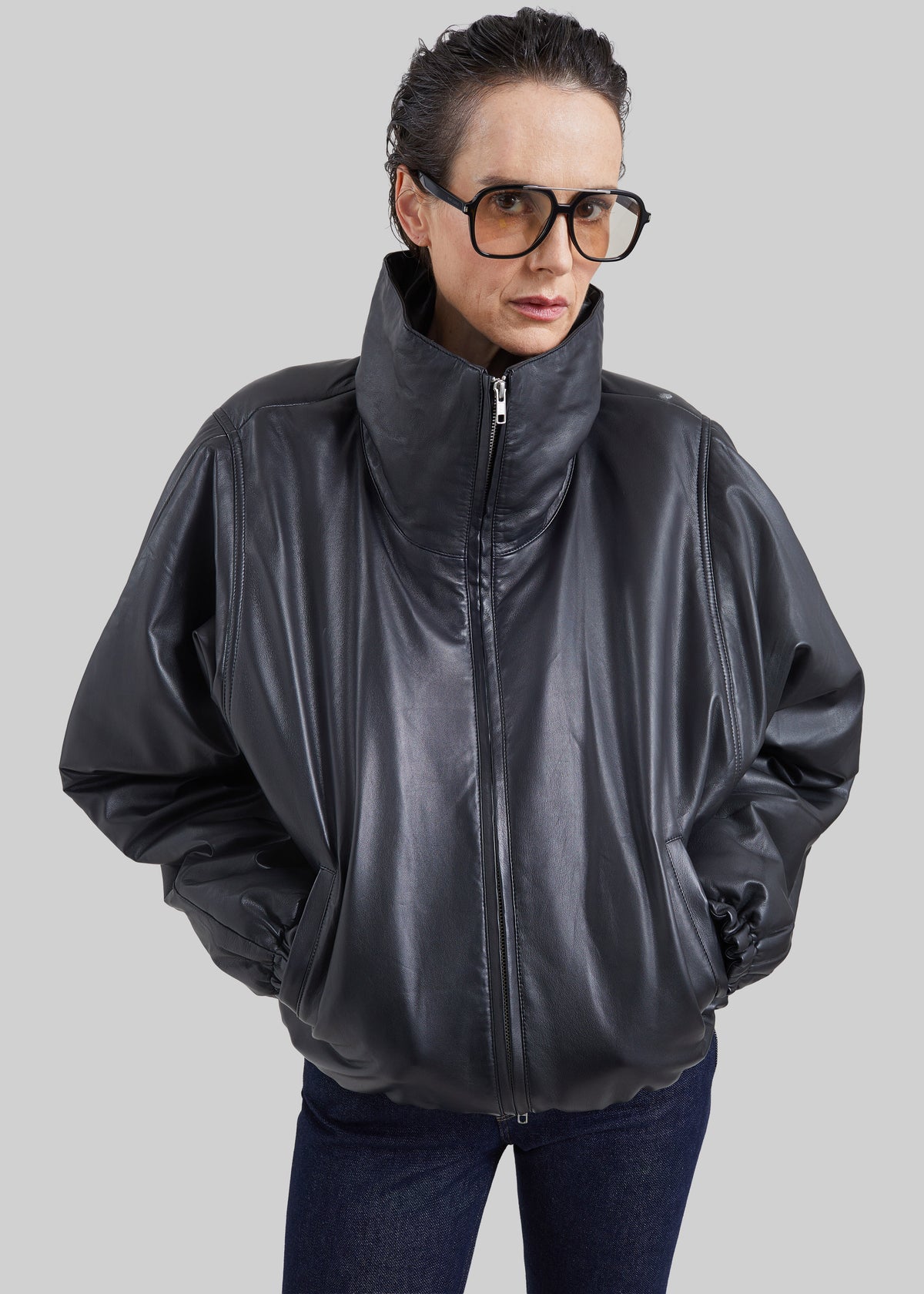Assissi Leather Funnel Neck Bomber Jacket - Black