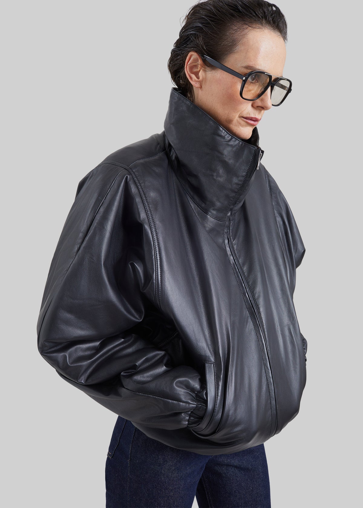 Assissi Leather Funnel Neck Bomber Jacket - Black
