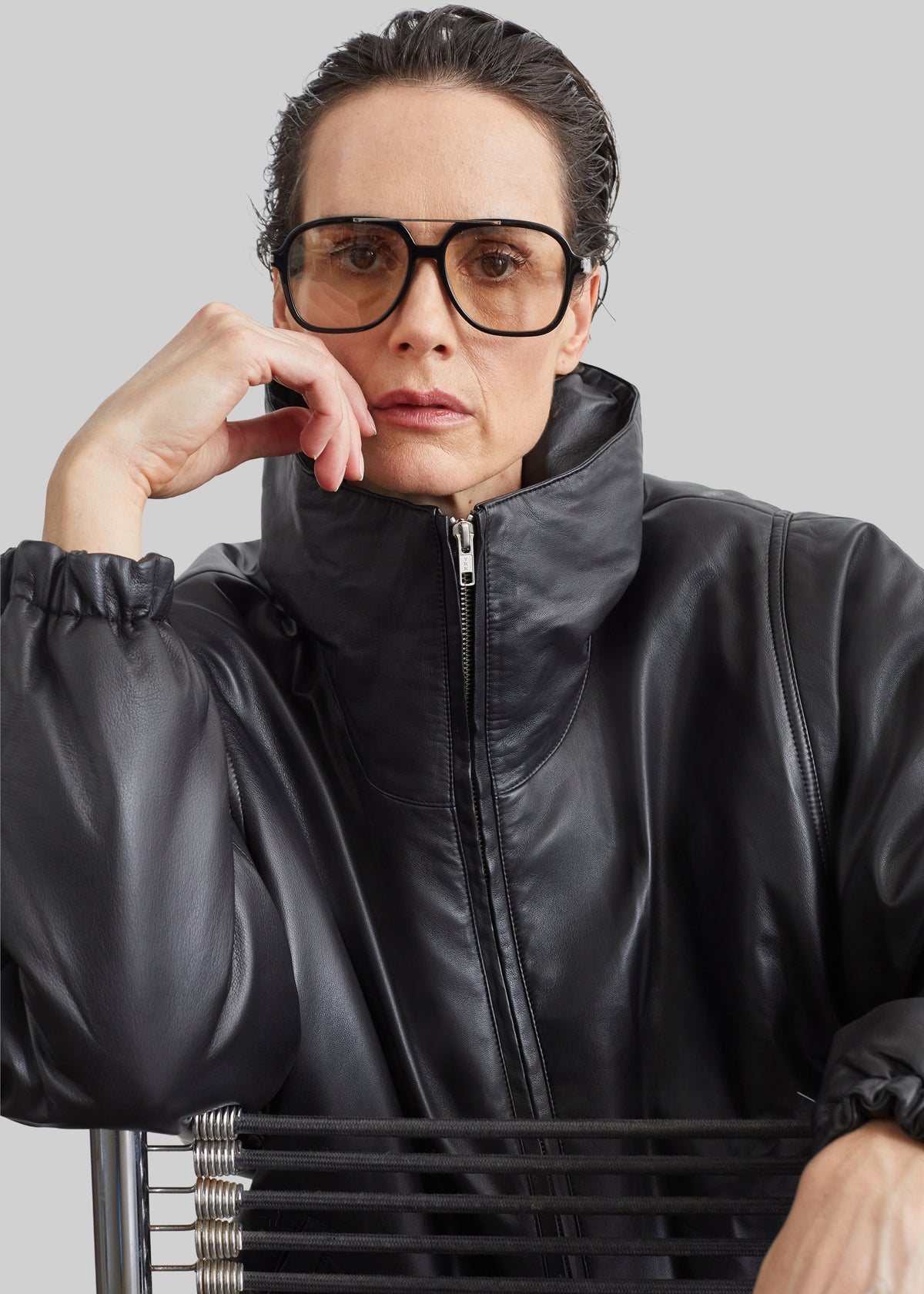 Assissi Leather Funnel Neck Bomber Jacket - Black