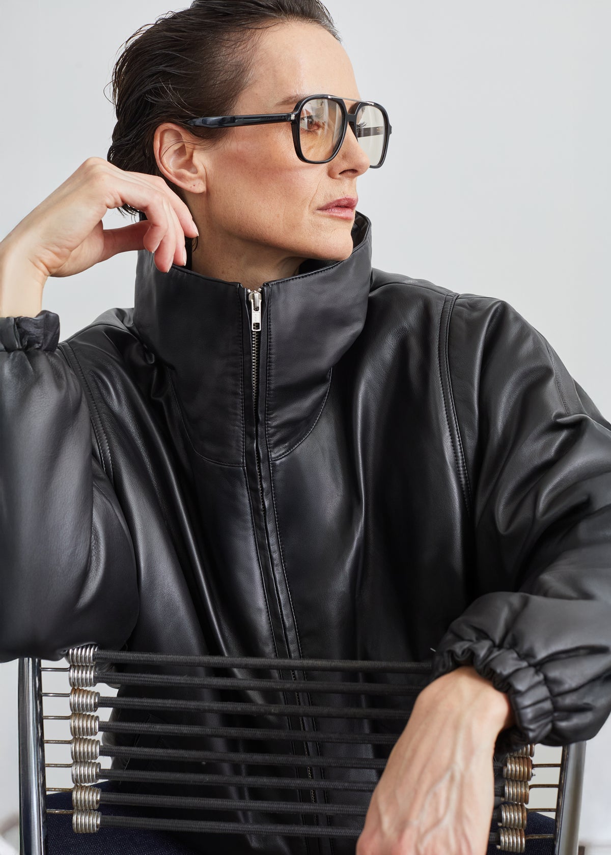 Assissi Leather Funnel Neck Bomber Jacket - Black