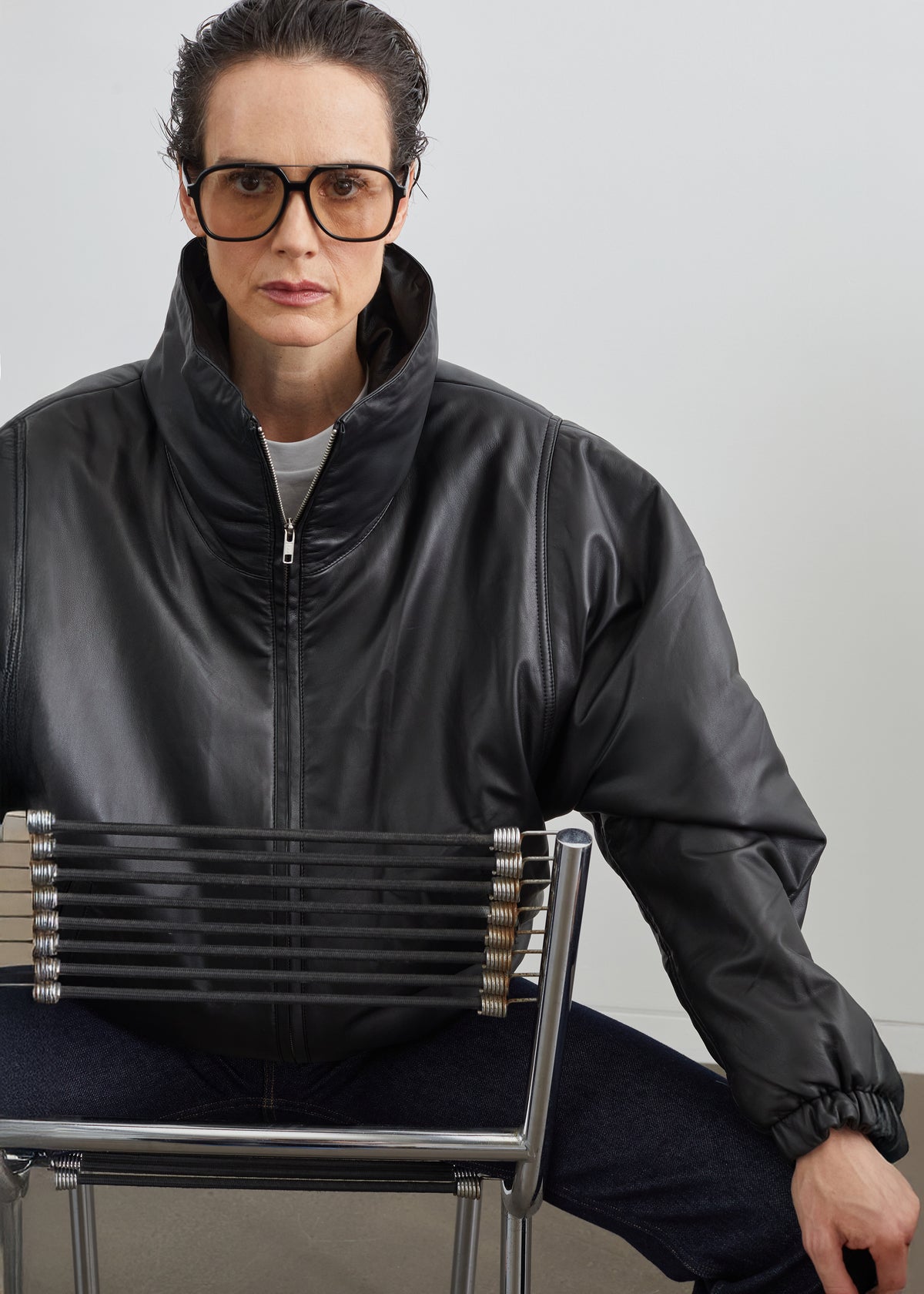 Assissi Leather Funnel Neck Bomber Jacket - Black